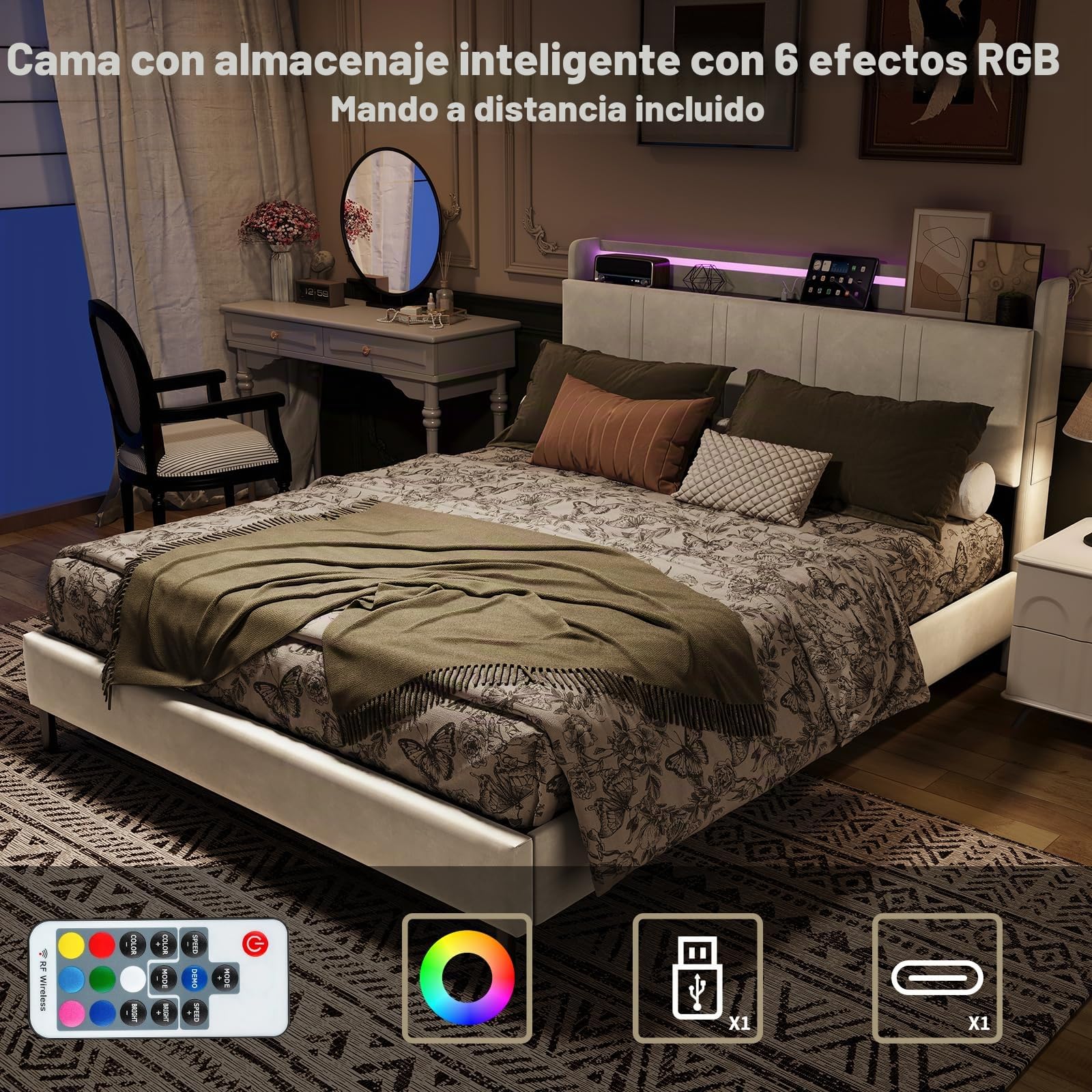Camas Matrimoniales 160x200 con Tira LED y USB C, Cama Tapizada en Terciopelo con Cabecero Almacenaje Multifuncional, cama Matrimonio con Somier 160x200 Madera,Marco Metálico,Estable500kg,Beige