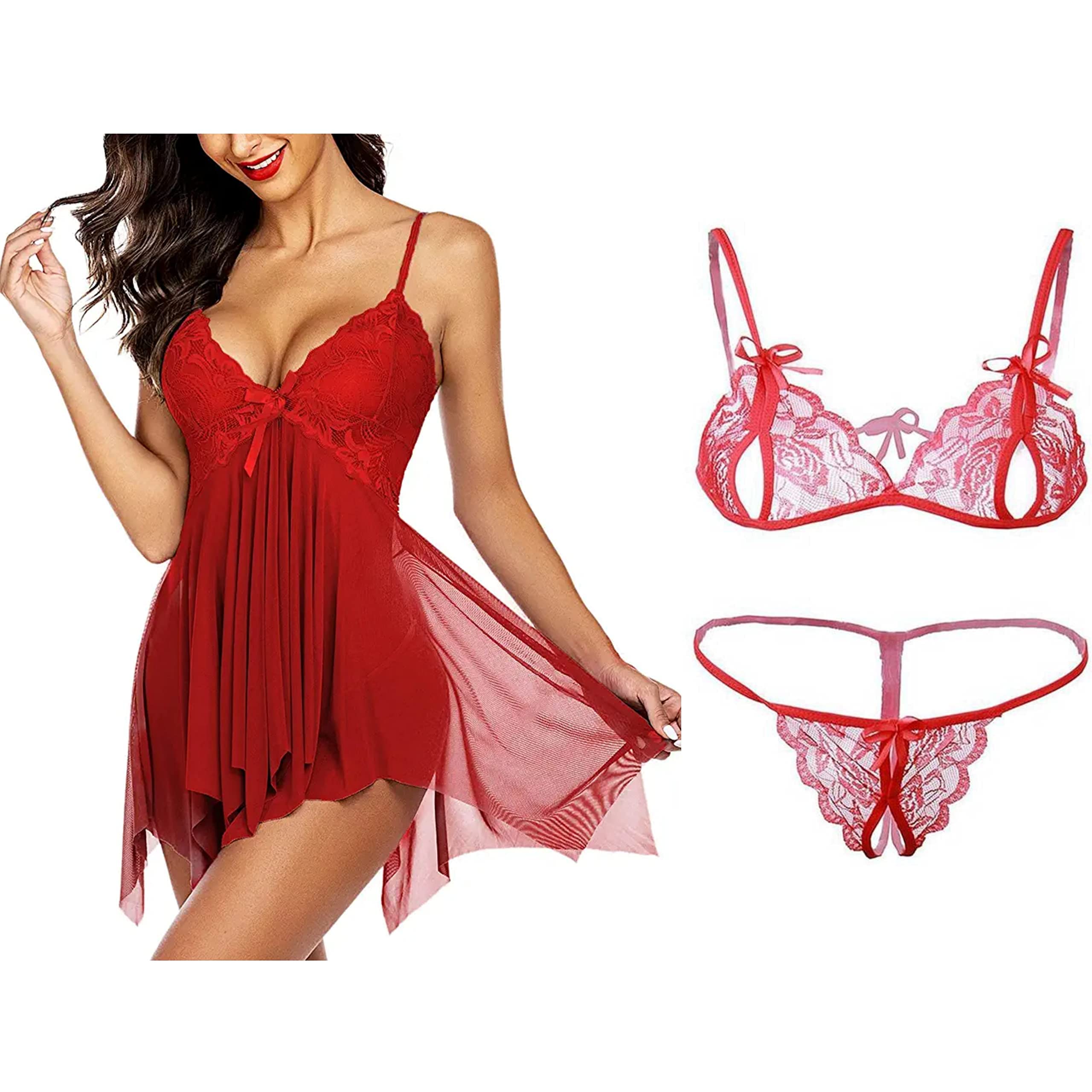 SoSh Women Love Babydoll Nightwear Lingerie Swimming Party Swimwear Beachwear Sheer Honeymoon Valentine Special Night Wedding Lace Free Size With G String-image-17