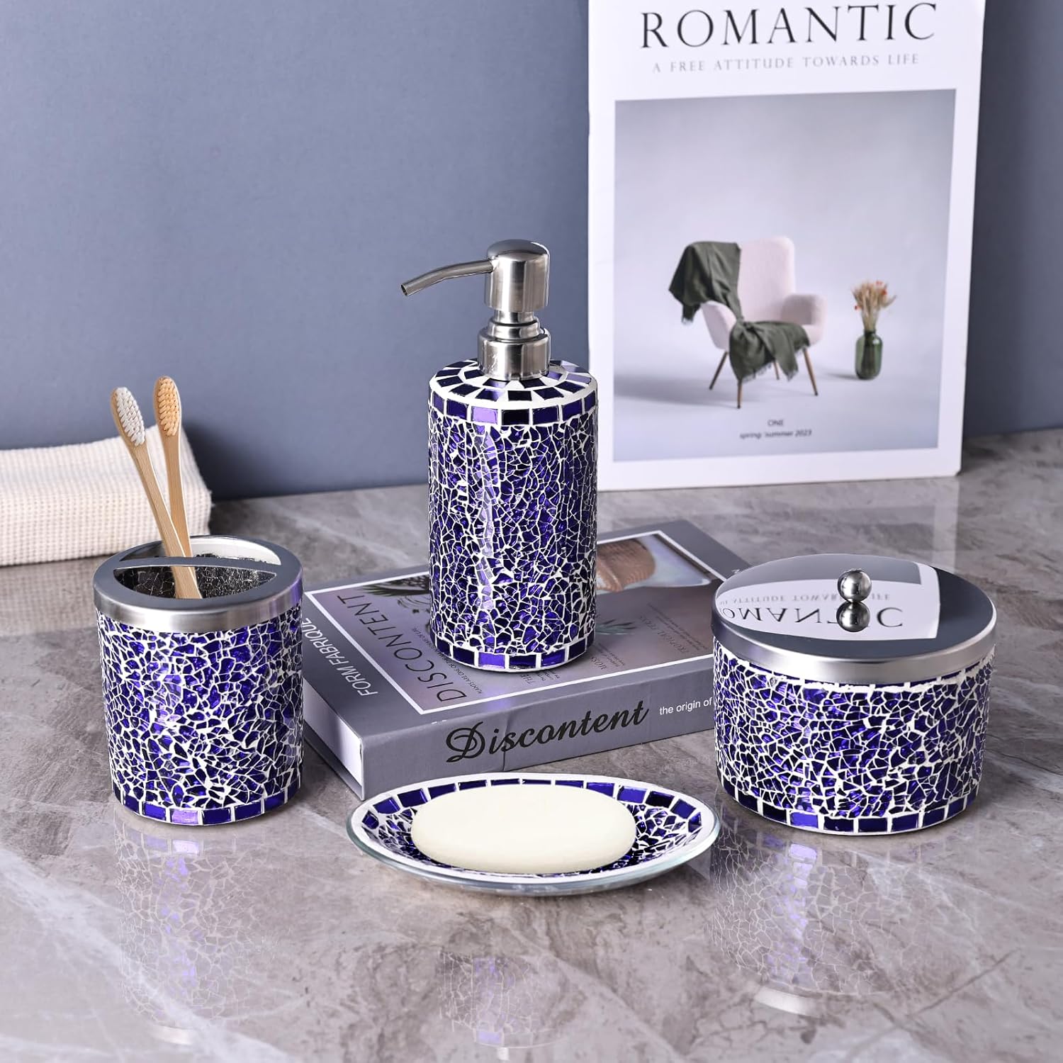 Purple Bathroom Accessory Set - Mosaic Bathroom Decor 4-PCS Includes Soap Dispenser, Soap Dishes, Q Tip Dispenser, Toothbrush Holder, Luxury Home Bathroom Decor Gift (Purple)
