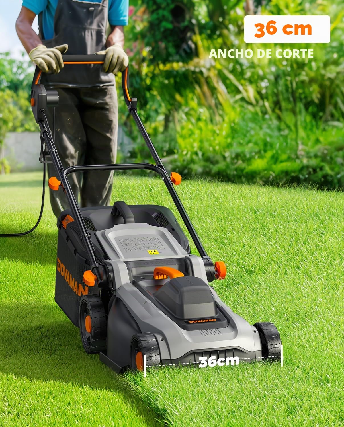 DOVAMAN LA36A Cortacésped Eléctrico 1500W, 36cm Corte, 95% Recogida, Altura 6 Posiciones, Cesto 40L, 2-en-1 Mulching & Recolección, Empuñadura Plegable, Ideal para Jardín & Cuidado del Césped