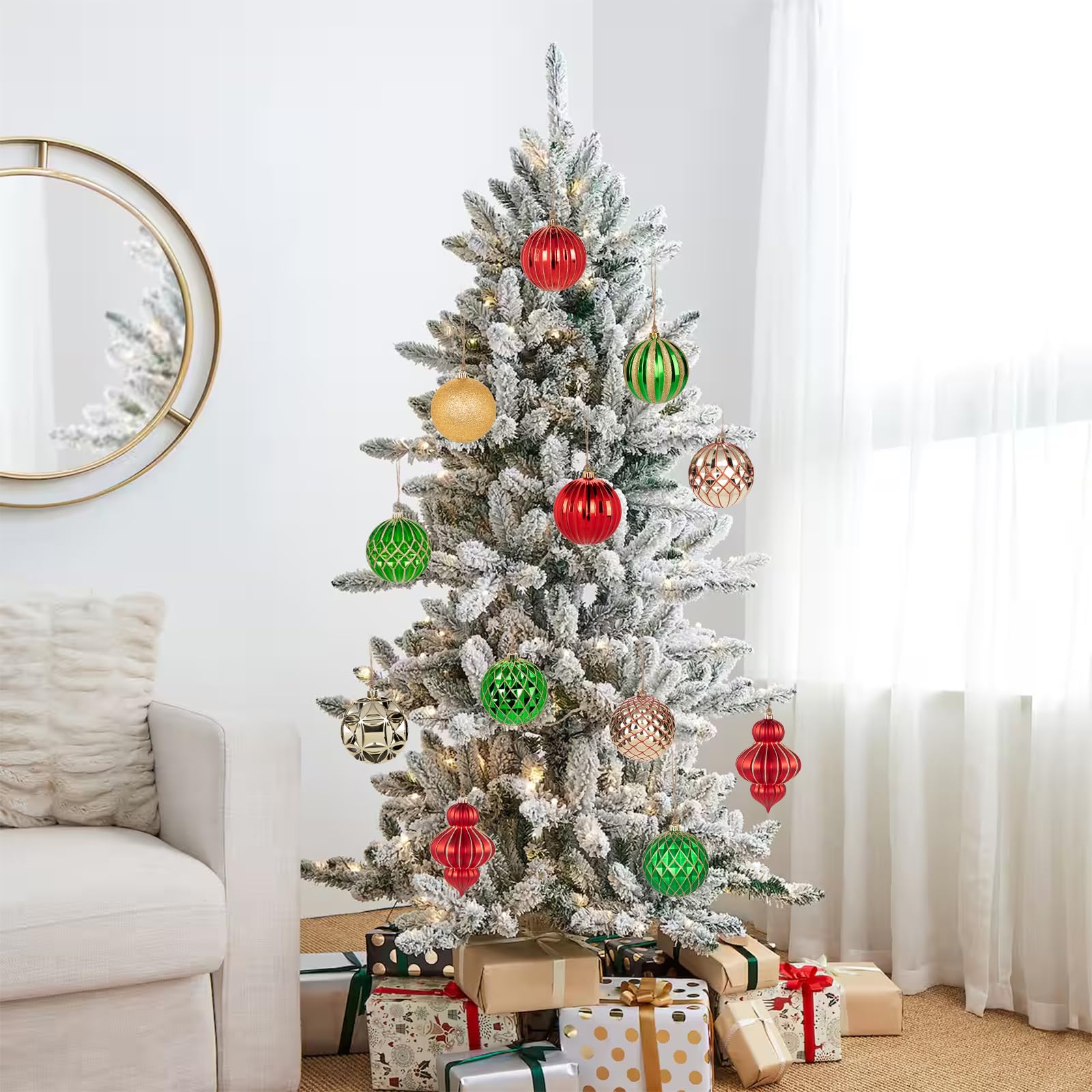 Weihnachtskugel-Ornament-Set, 10,2 cm, groß, bruchsicher, Kunststoff, Christbaumkugel, hängende Ornamente für Weihnachtsbaum, Hochzeit, Party, Urlaub, Dekorationen, Rot, Grün, Gold, 12 Stück