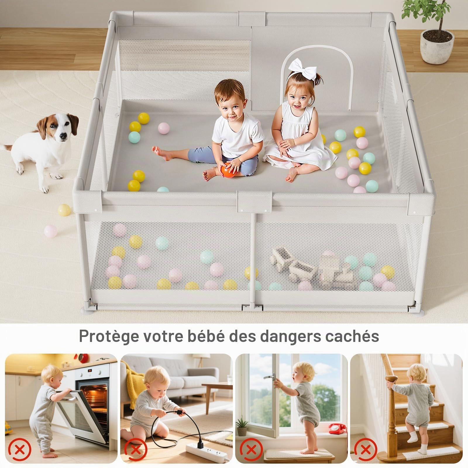Grand parc pour bébé 175x150x64 cm – Parc sûr XXL pour bébé avec filet respirant, facile à monter, antidérapant et stable pour le salon et le jardin
