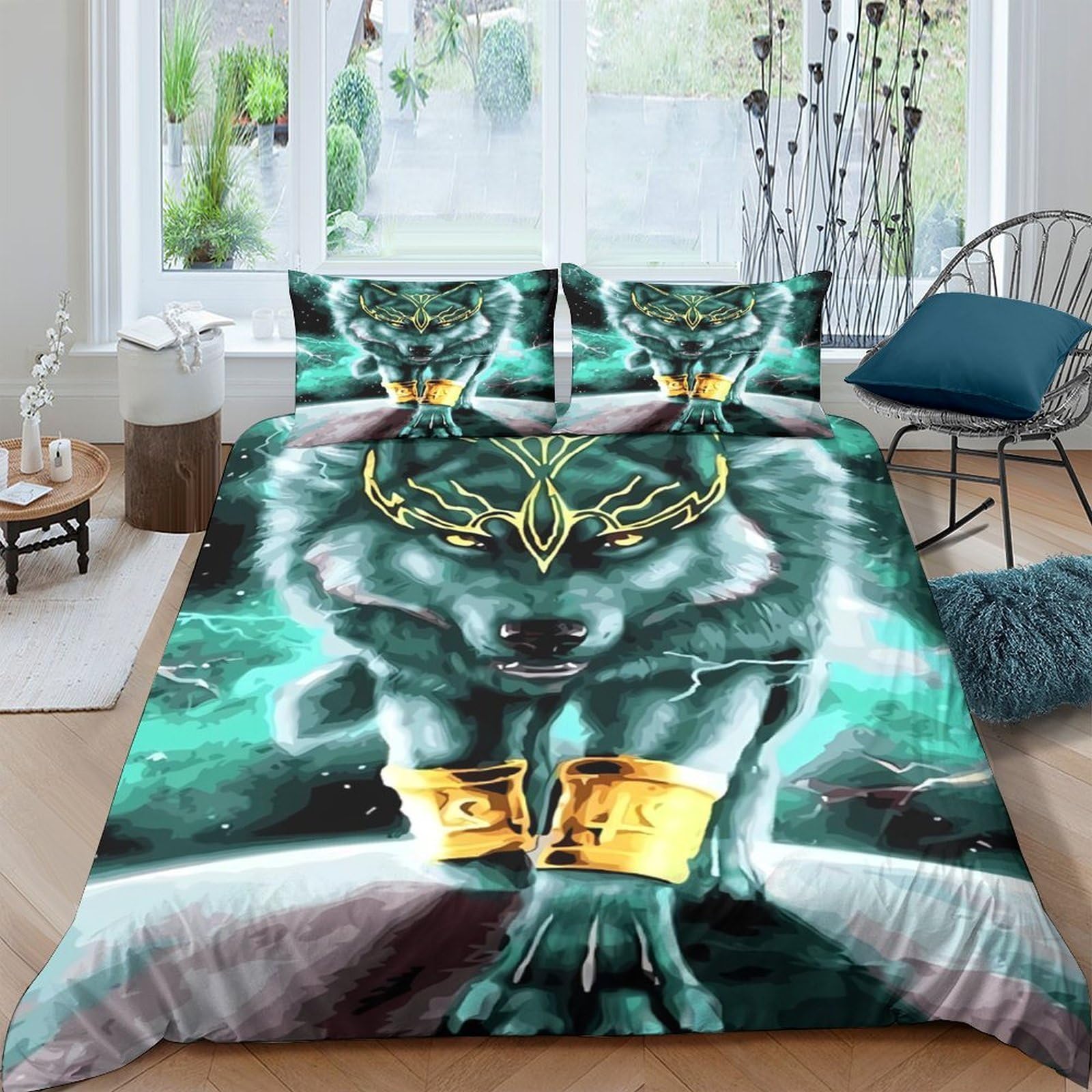 Ctjqhvkz Style-1 3D Printed Wolf Spirit Fitted Sheet Microfiber Teal Gold Tribal Mattress Cover For Bedroom Dorm Easy Care Decor Single（135X200cm）