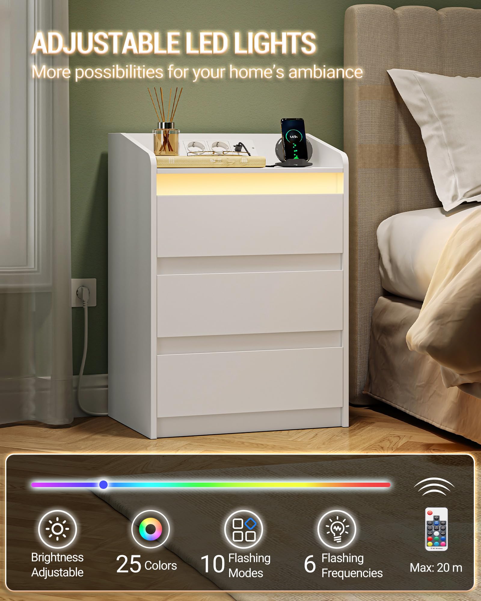 Hzuaneri Comodino Set di 2 con 3 Cassetti, Stazione di Ricarica LED, Bianco | Tavolino, 2 Prese CA e 2 Porte USB per Camera da Letto, Soggiorno, NS40103X