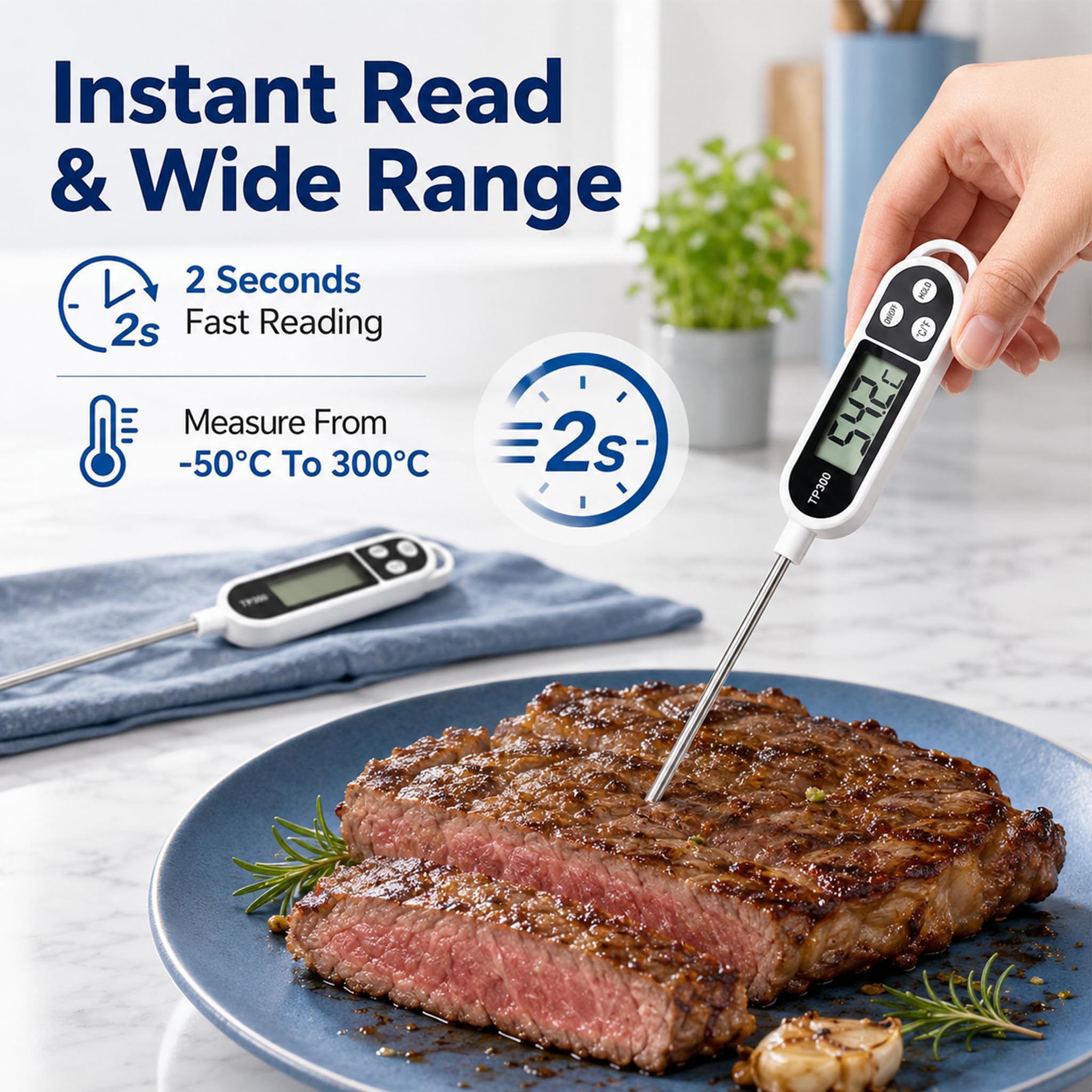 2 Stück Digitales Küchenthermometer, Thermometer für Lebensmittel, Digitale mit Edelstahl Sonde, Lebensmittelthermometer für Grillen Kochen Backen Fleischtemperatur, LCD Grillthermometer ℃℉ Anzeige