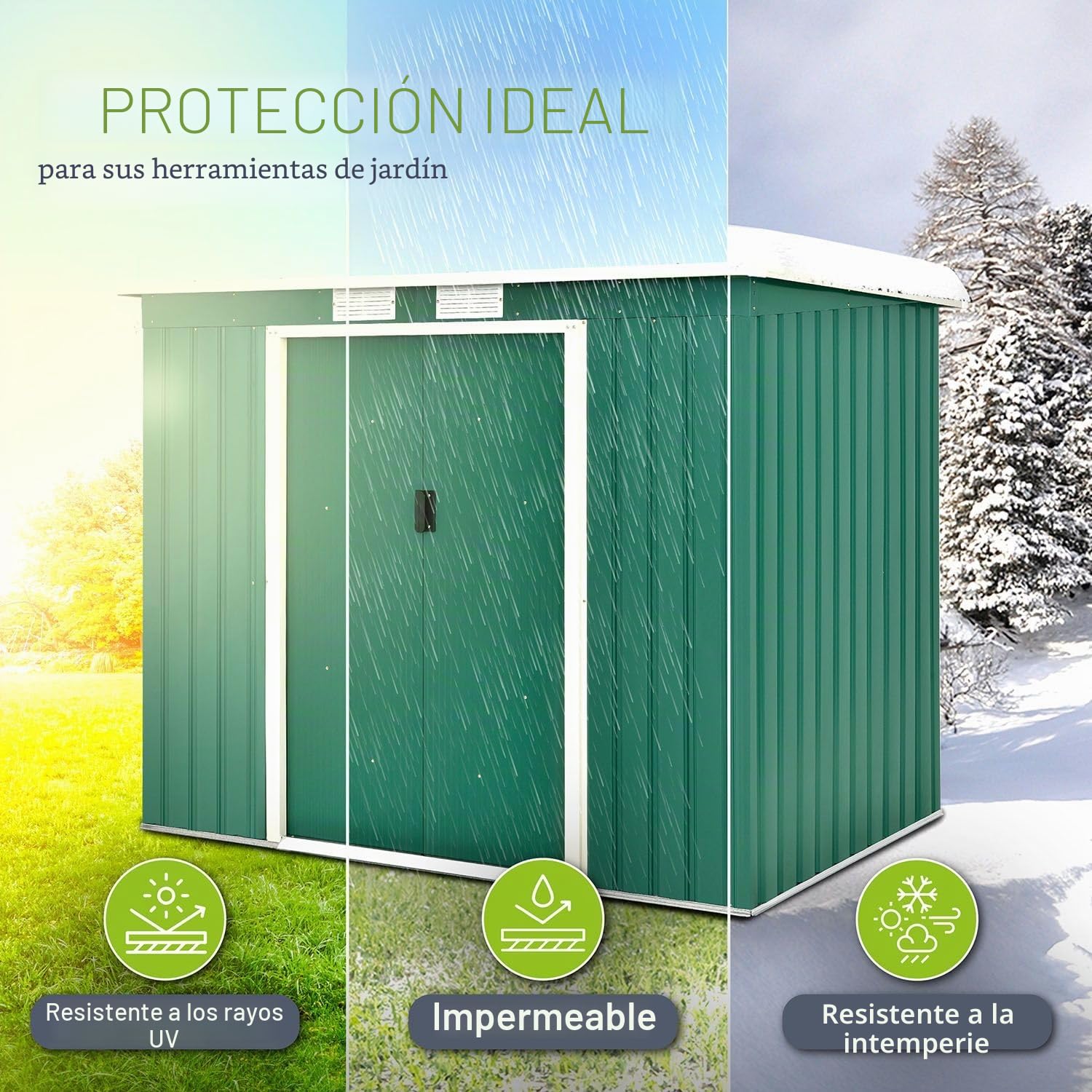 Juskys cobertizo de Metal M 4 m³ con tejado a un Agua, Puerta corredera y Bastidor de cimentación - 213 x 130 x 173 cm - Verde - Caseta para Herramientas de Acero cobertizo de jardín cobertizo