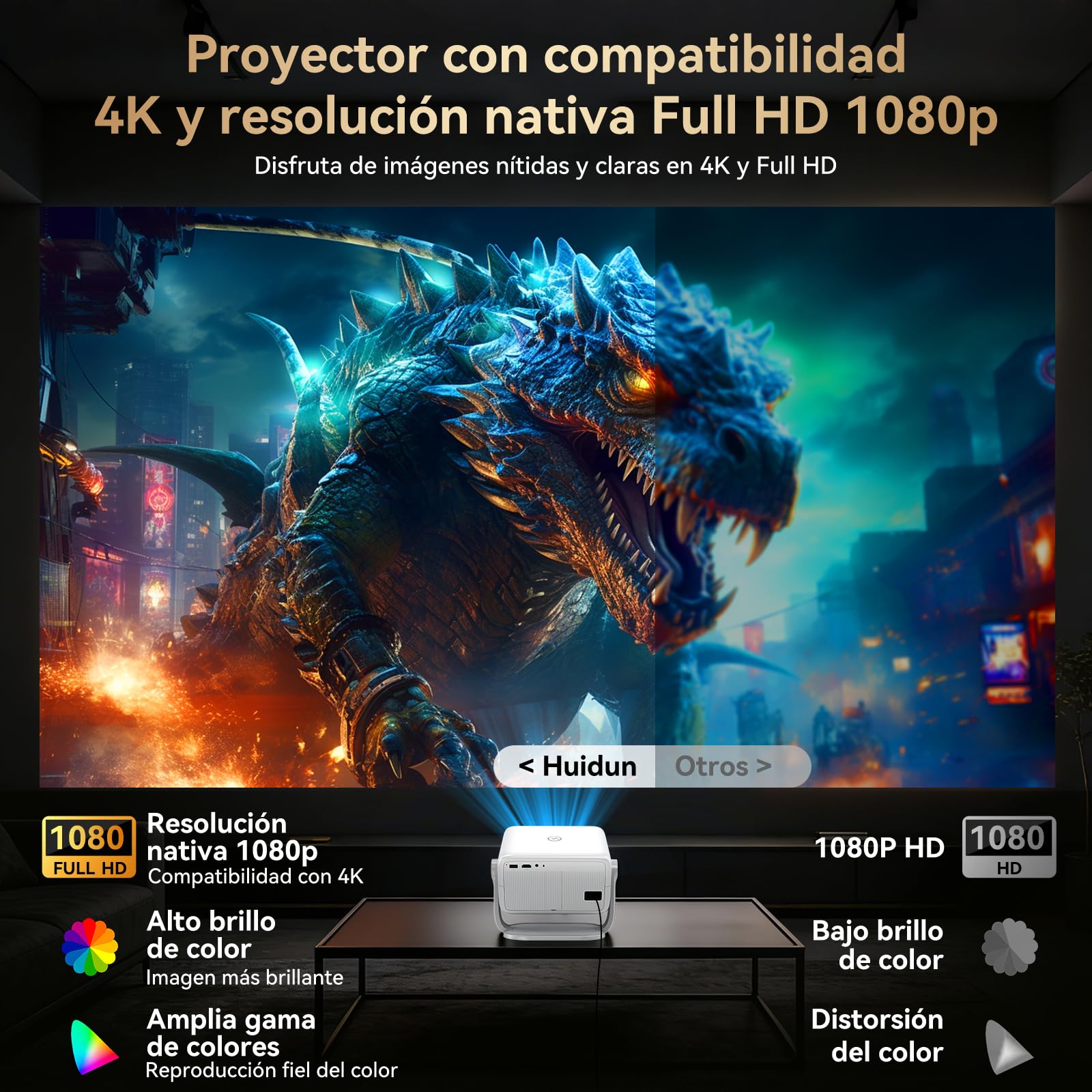 Proyector Portatil 4K con Compatible Netflix y Soporte de 360°, Enfoque y Corrección Trapezoidal Automática, WiFi 6 Ultra Rápido, Bluetooth, Cine en Casa para Smartphone/PS5/Laptop
