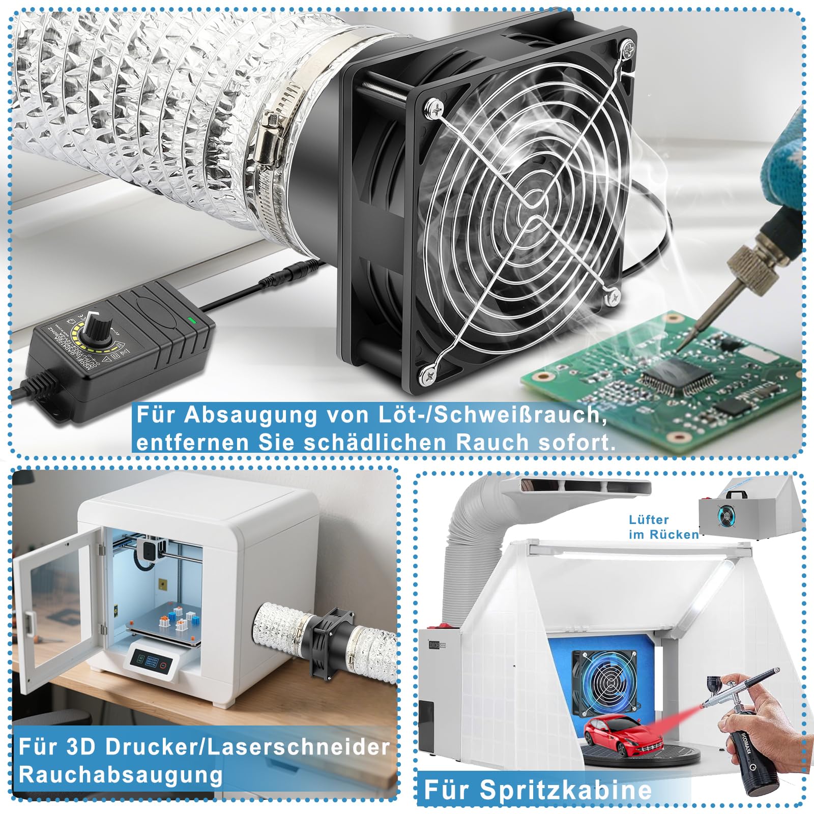 GDSTIME Rohrventilator 100mm 12V Abluftventilator 100mm Regelbar Rohrlüfter 3000U/MIN Kanalventilator mit DC 4V -12V Geschwindigkeit Kontrolle für 3D-Laser Growzelt Garage Gewächshaus