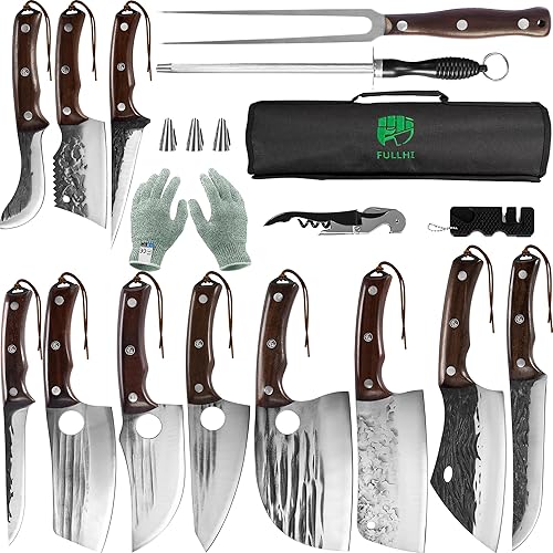 FULLHI 17pcs Butcher Chef Knife Set include sheath High Carbon Steel Cleaver Kitchen Knife Whole Tang Vegetable Cleaver Home BBQ Camping with Knife Bag