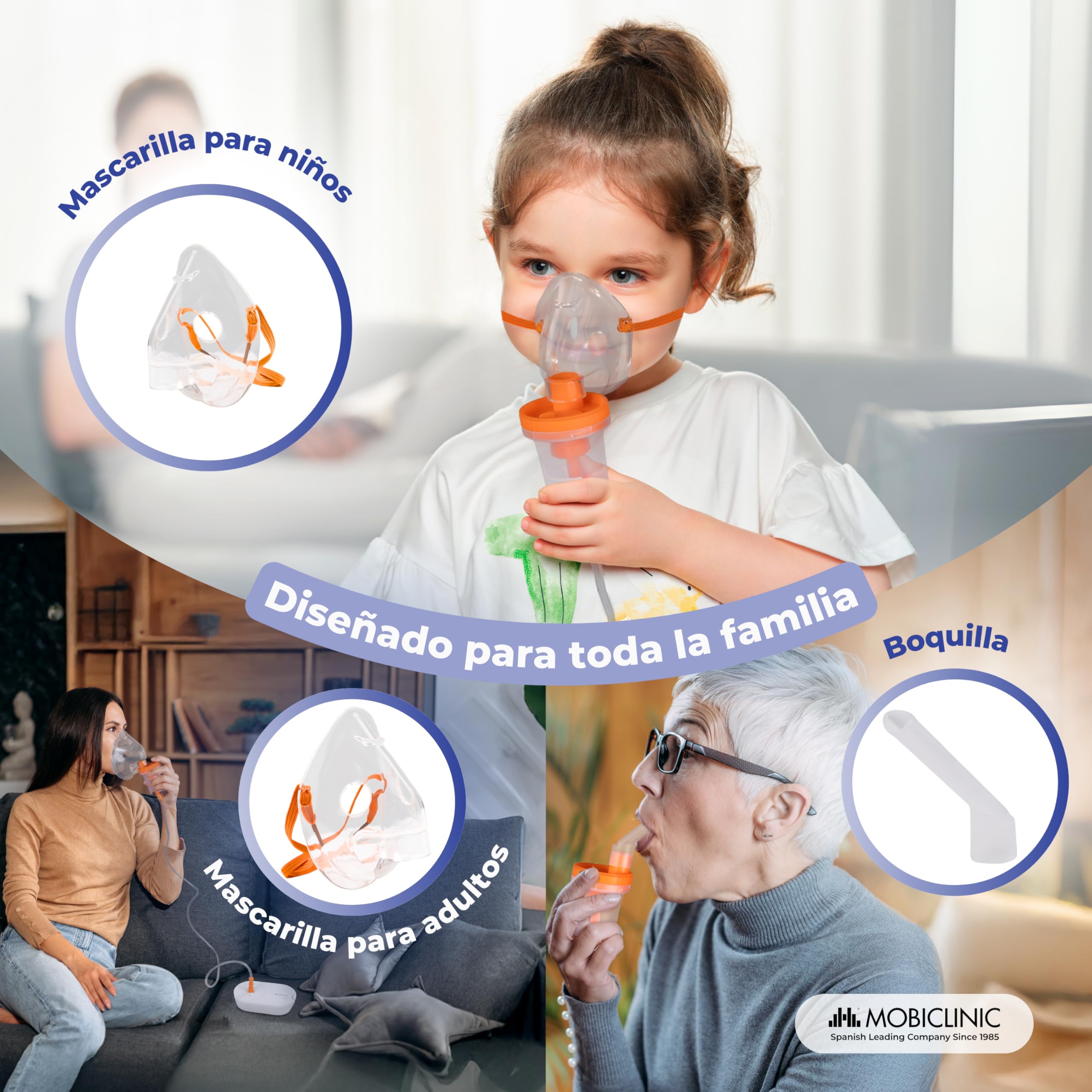 Mobiclinic®, Nebulizador, Adultos y Niños, Boquilla y 2 Mascarillas, Velocidad Máxima 0,2 ml/min, Silencioso, Volumen 3.9 ml, Portátil, Asma, Alergias, Nebumobi2