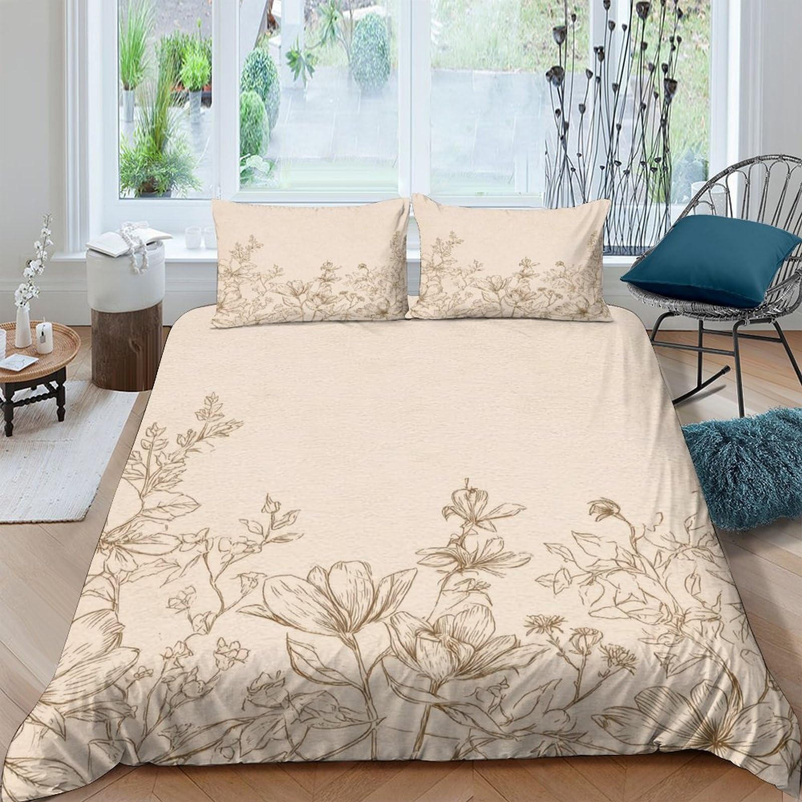 TUFRTGYHN 3D Printed Beige Botanical Duvet Cover Microfiber Soft Breathable Floral Bedding Set with 2 Pillowcases for Bedroom Decor Single（135x200cm）
