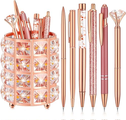Sabary Soporte para bolígrafo de oro rosa con 6 bolígrafos brillantes con purpurina, soporte para lápices de diamantes de oro rosa, organizador de