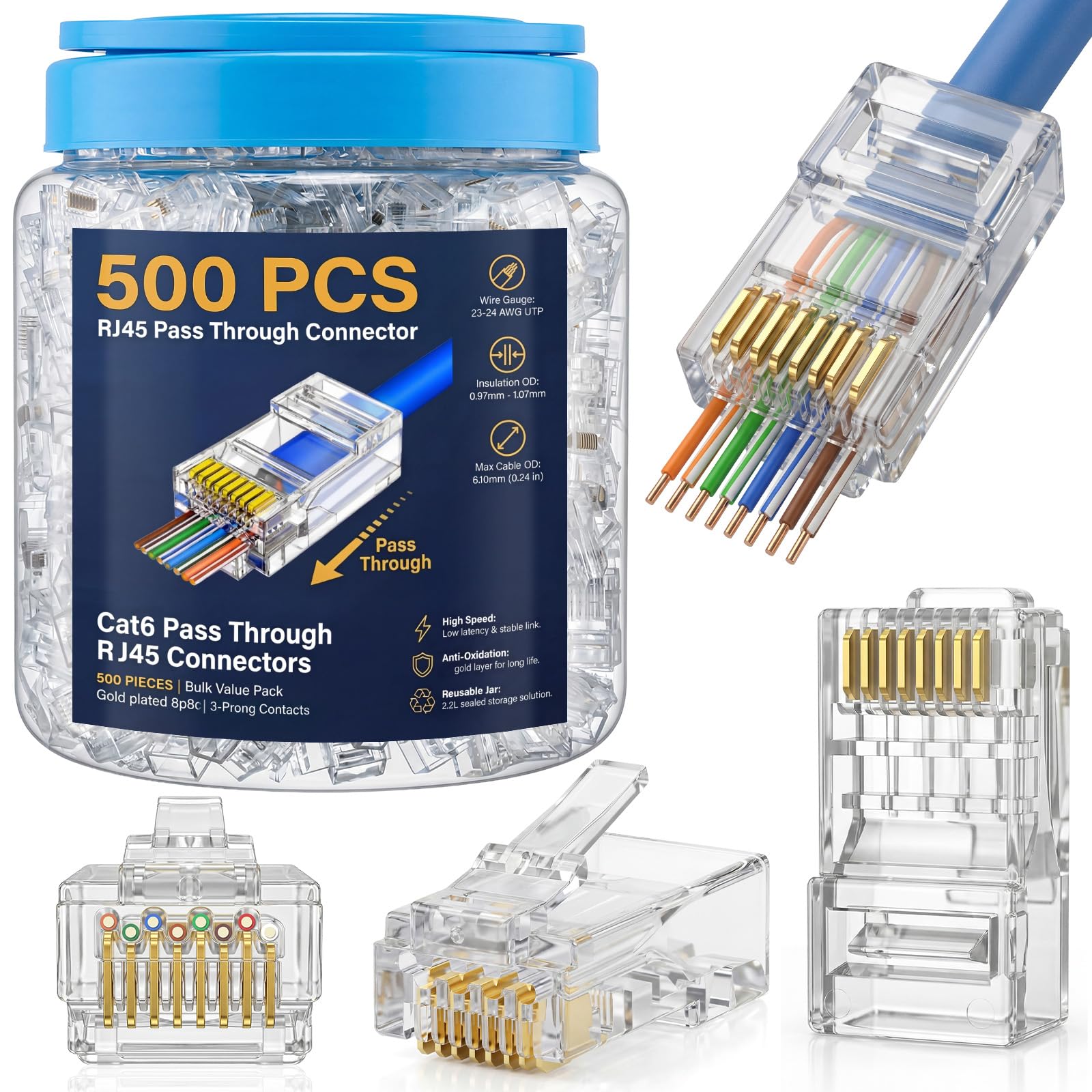 Tellegloww Lot de 500 connecteurs RJ45 Cat6 en vrac plaqués or 6µ pour câbles Ethernet Utp solides et toronnés