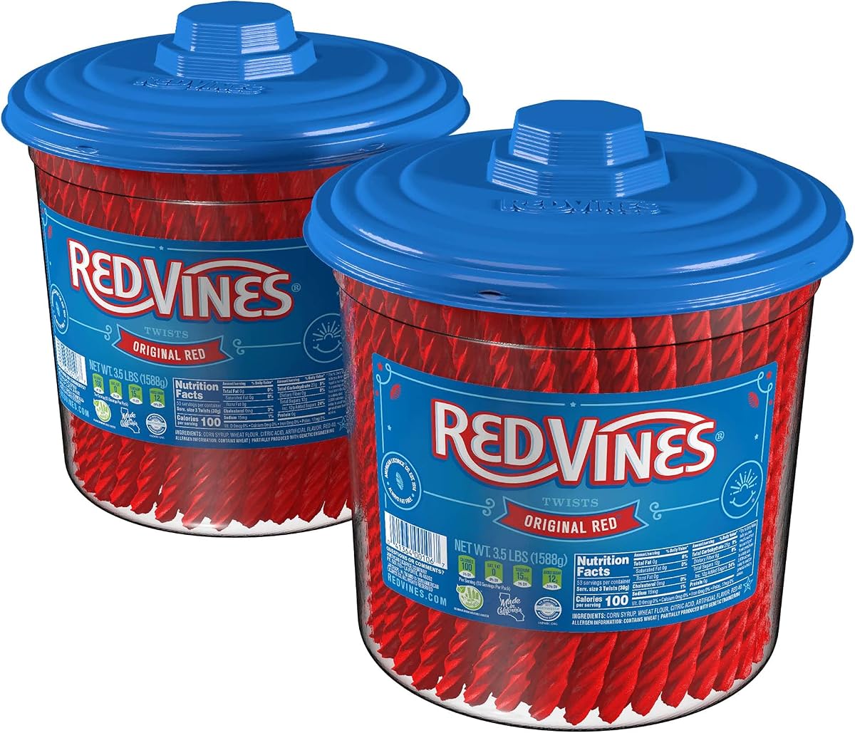 Regaliz Red Vines, sabor rojo original, giros de caramelo suaves y masticables, frasco de 56 onzas (paquete de 2)