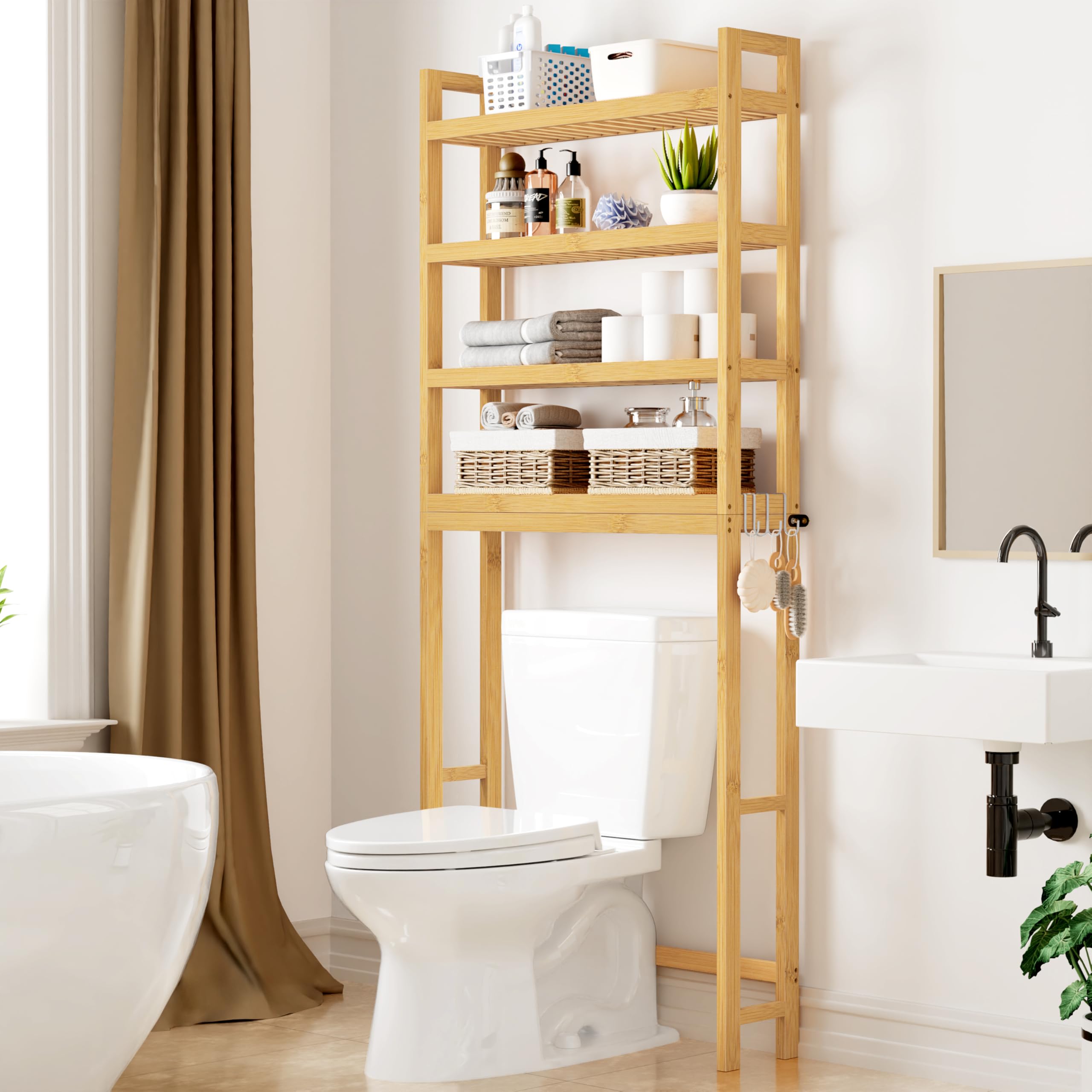 Smiry Over The Toilet Storage Cabinet, 4-Tier Bamboo Bathroom Organizers with Adjustable Shelf & 4 Hooks, Space Saving Shelf Rack for Bathrooms,