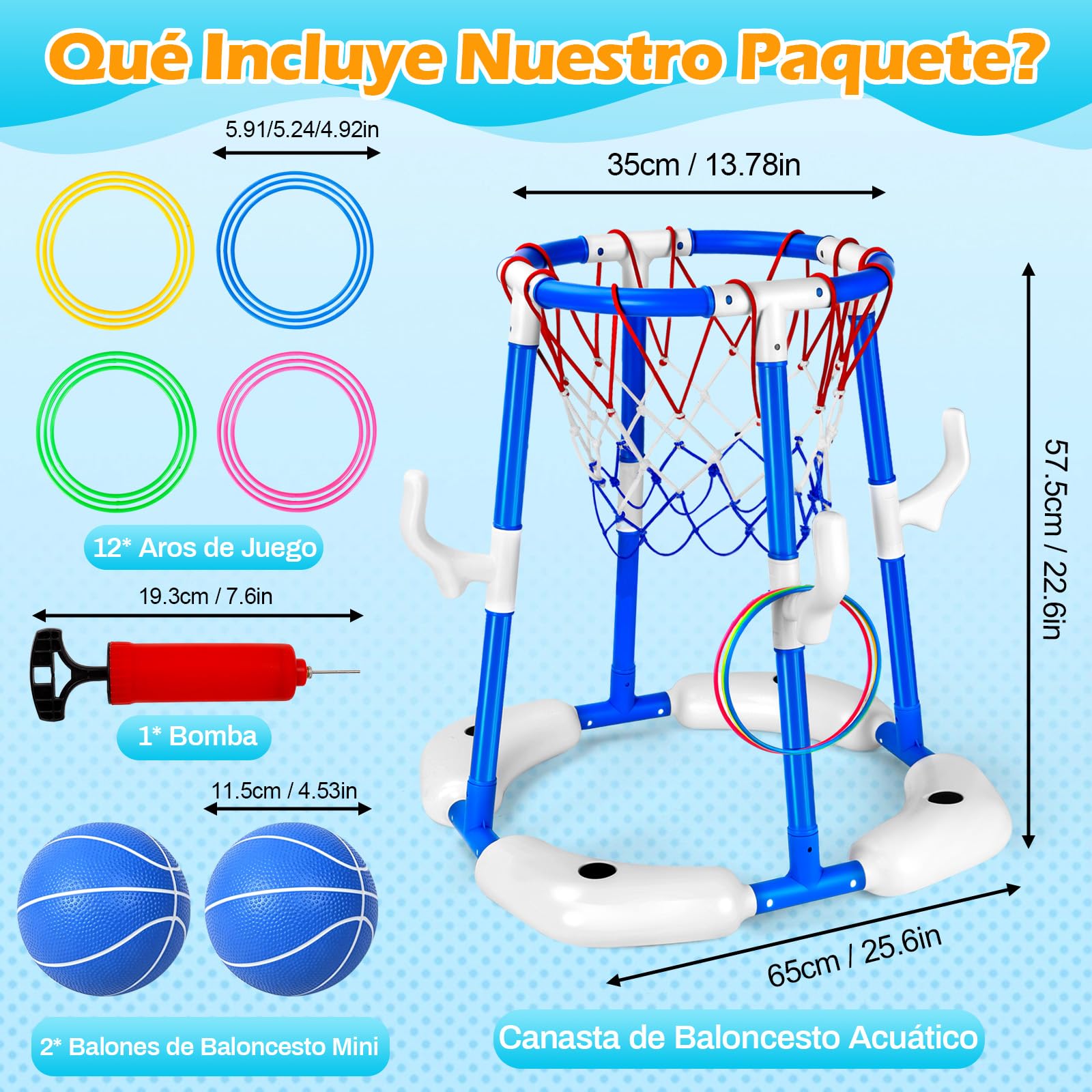 Canasta de Baloncesto Piscina, 2-en-1 Canasta Baloncesto Flotante para Piscina con 2 Pelotas, 12 Anillas y Bomba, Juego de Agua para Adultos Niños