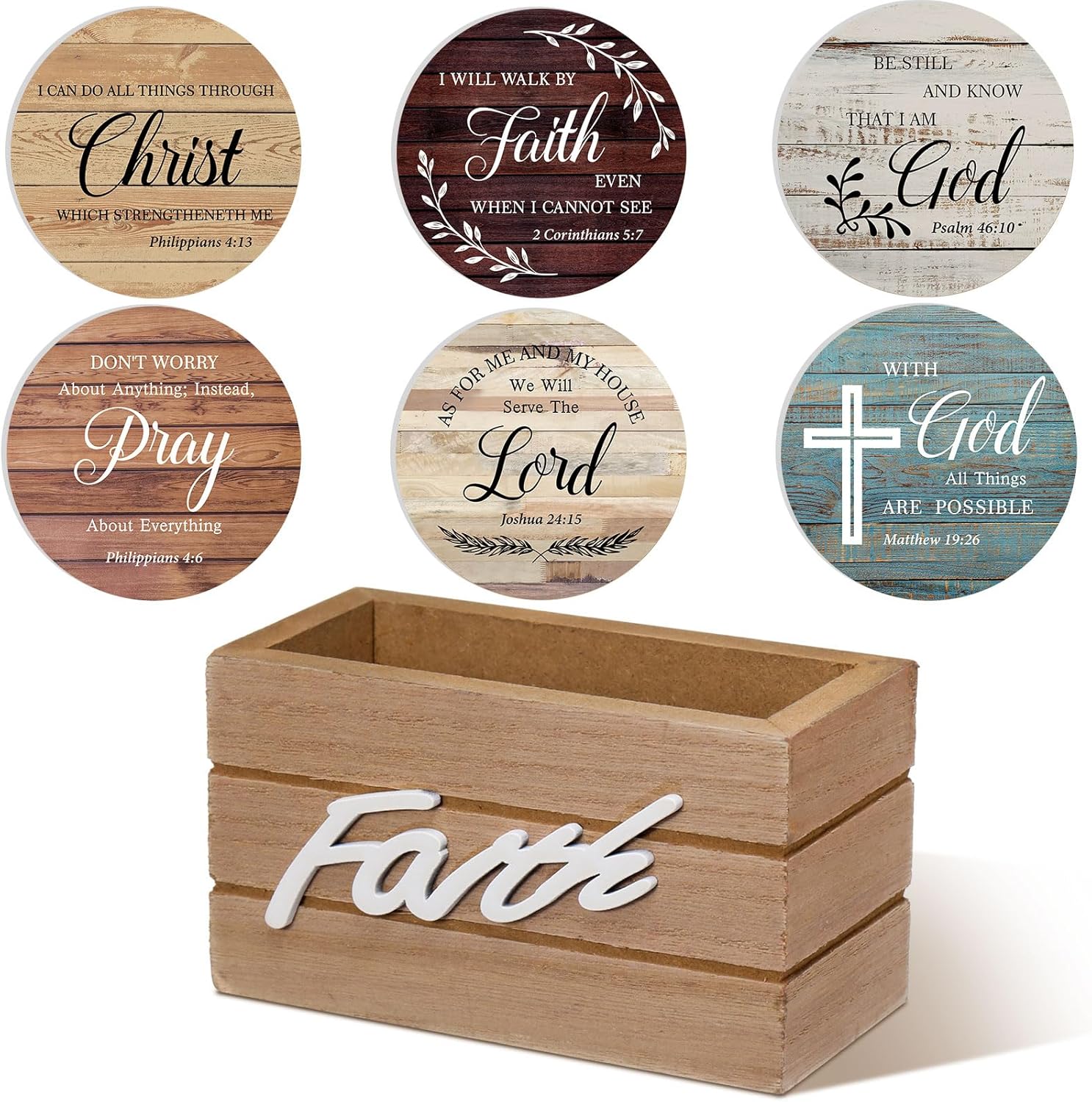 Hushee Wooden Coasters Set of 6 for Drinks with Bible Verses, Housewarming Gift for Home Christian Decoration, Farmhouse Religious Coasters with Holder for Kitchen Decoration, 4''(Classic Farmhouse)