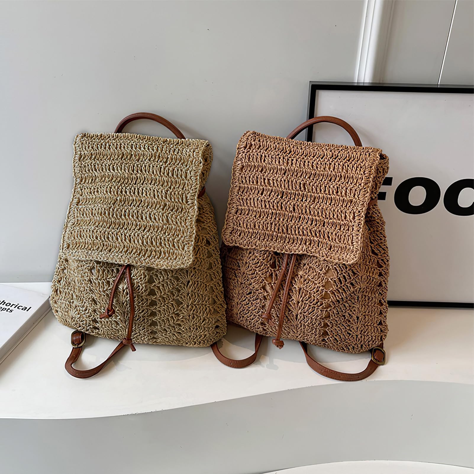 Mochila pequeña de paja para mujer, estilo bohemio, con cordón, hecha a mano, para playa, hombro, mochila de verano