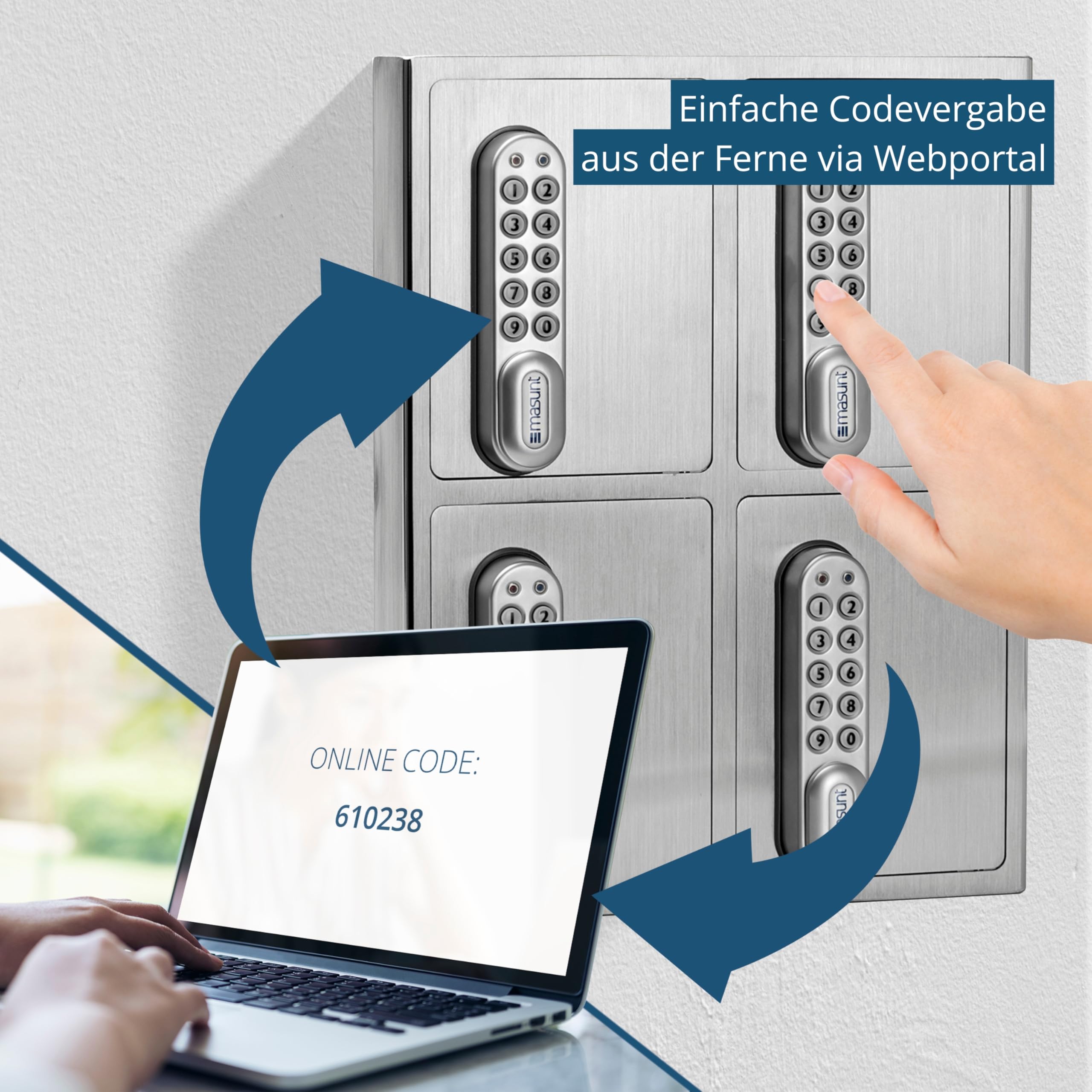 masunt Schlüsselsafe 1440 E Code | innovative Online-Codevergabe aus der Ferne | digitaler Schlüsseltresor aus massivem V4A Edelstahl | 4 Fächer | Aufbruch-sicher | korrosionsbeständig für Seeklima