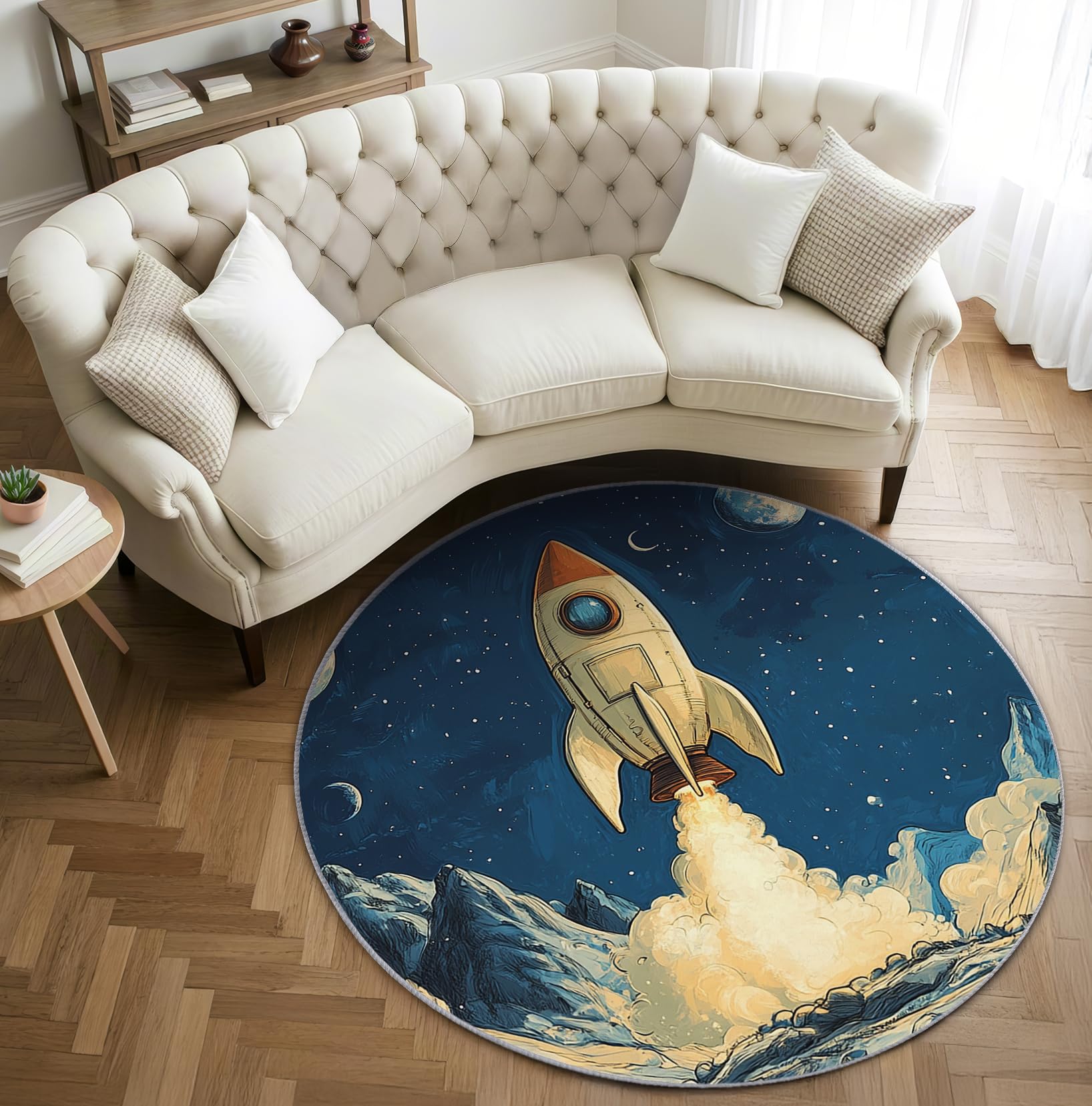 Rakete Teppich Rund 120cm Kurzflor - Waschbare Teppiche Wohnzimmer Kinder Weltraum Raketen Motiv - Runder Teppich 120 Durchmesser - Bettvorleger Schlafzimmer rutschfest Weich