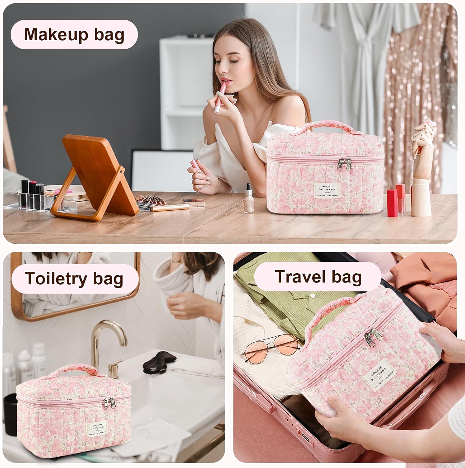 Makeup Bag, Floral Quilted Cosmetic Bag, Large Travel Aesthetic Make up Bag, Cute Coquette Toiletry Bag for Women Girls - Image 3