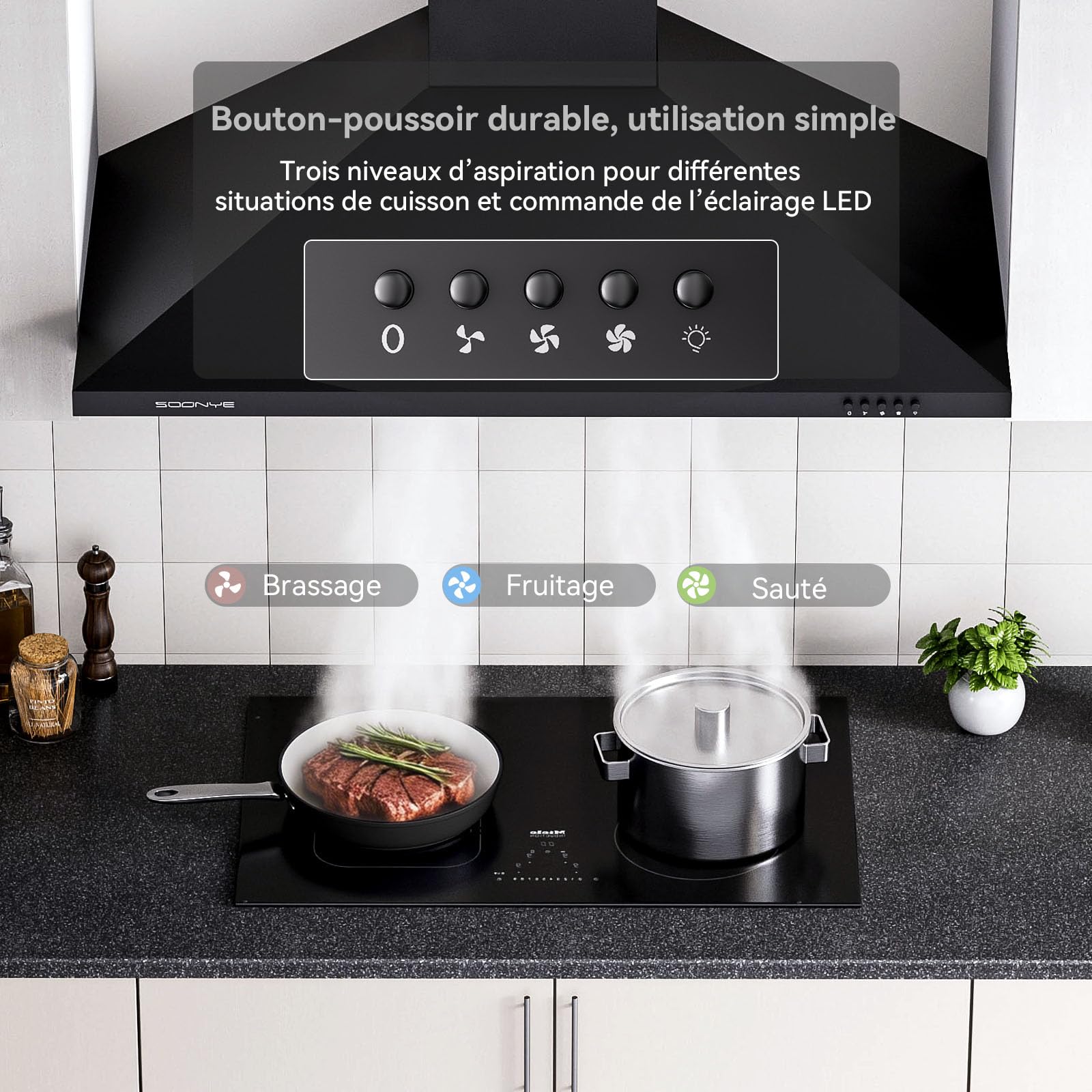 Hotte Aspirante 90 cm Classe A+++, Hotte Cuisine 380m³/h,Évacuation ou Recyclage,Filtre au Charbon Inclus,Cheminée Extensible,Hotte Murale,Noir