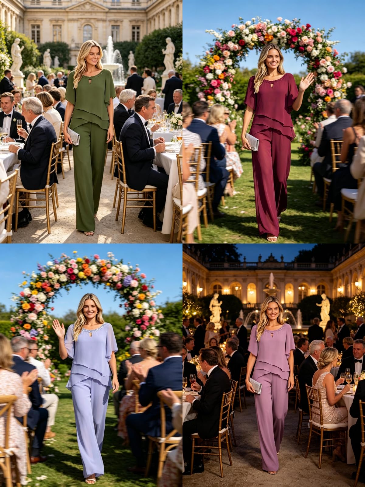 2 pezzi Madre della Sposa Pantaloni Abiti per le Donne Elegante Chiffon Set Mezza Manica Formale Matrimonio Guest Outfit con Maniche, Rosa polvere, 52