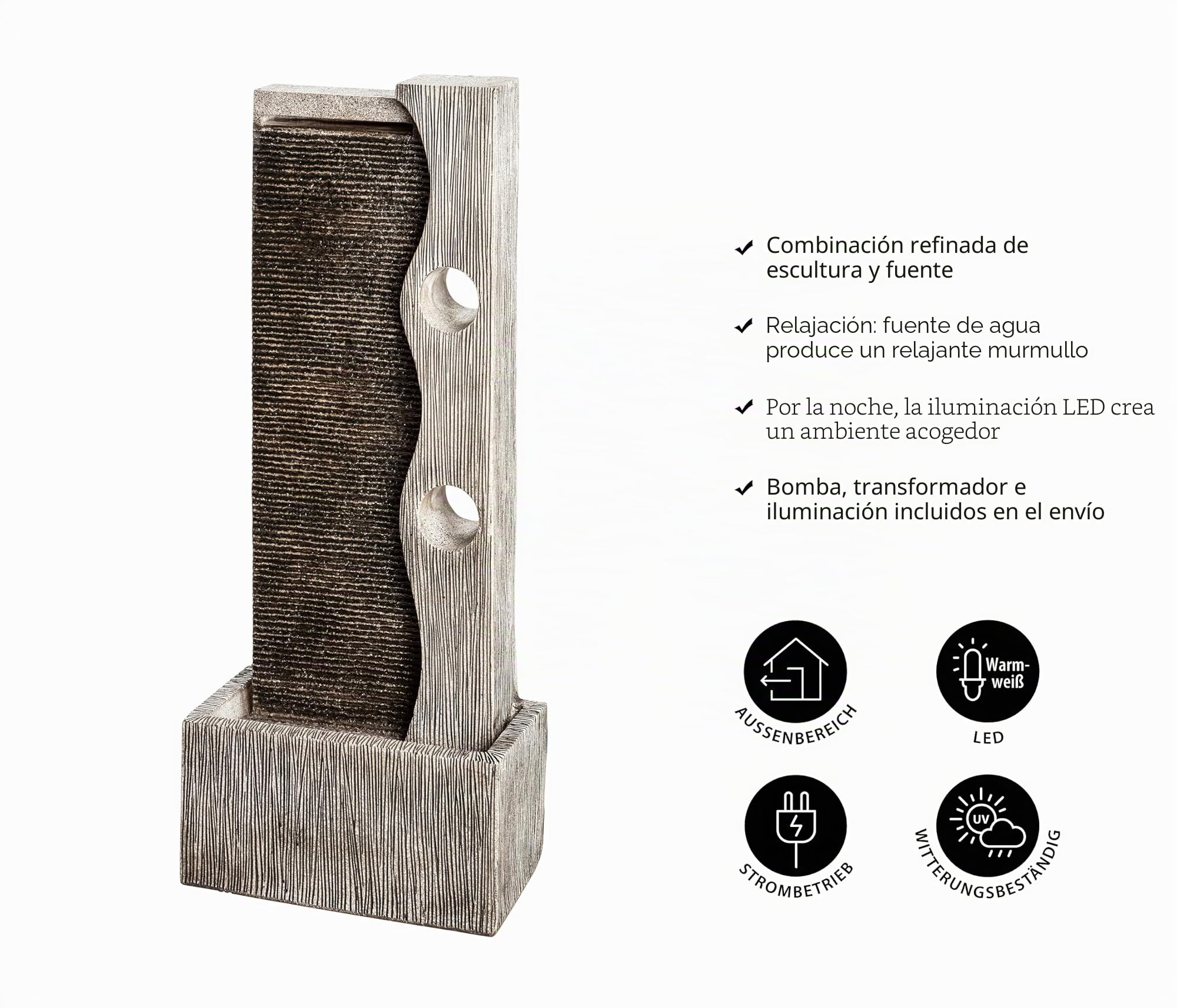 Dehner Fuente de jardín Eclipse con iluminación LED, Aprox. 100 x 40 x 19,8 cm, poliresina, Gris