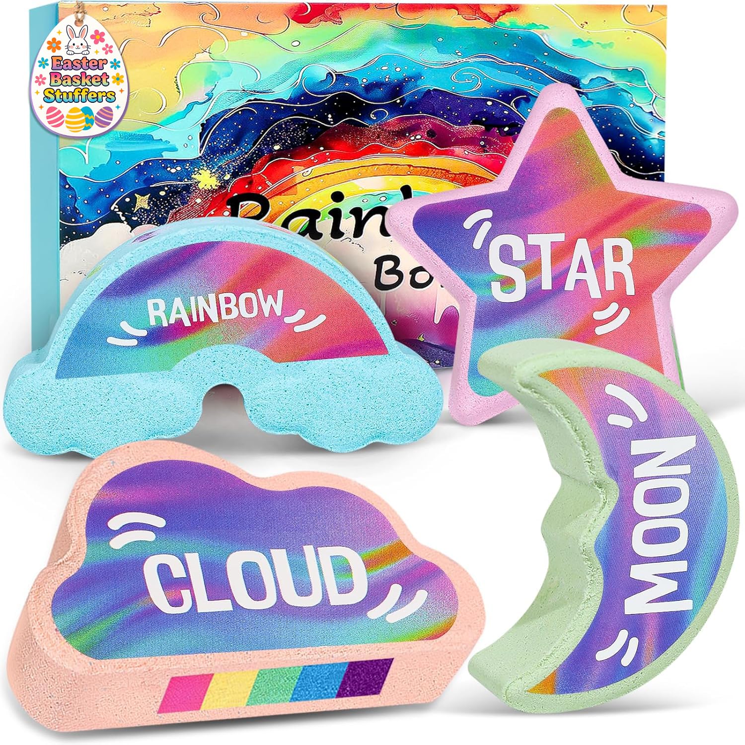 Rainbow Bath Bombs for Kids - 4 Pcs Handmade Natural Kid Bath Bombs, Easter Gifts for Kids, Girls Easter Basket Stuffers, Organic Bubble Bath