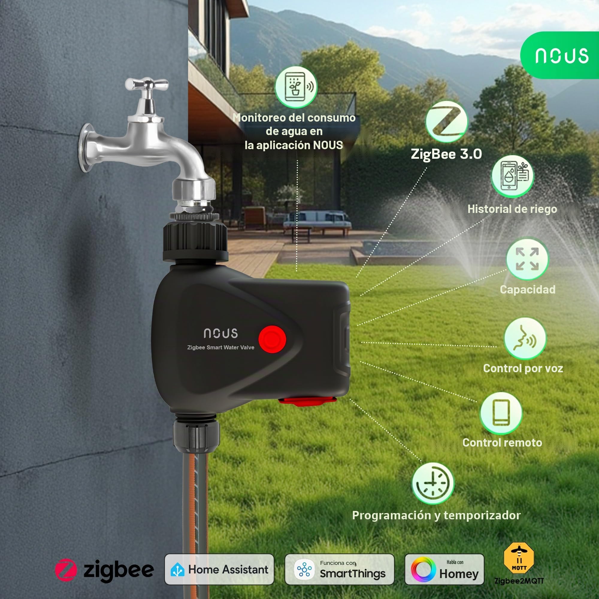 NOUS ZigBee - Válvula de Grifo Inteligente, Control de riego IP66, Compatible con Alexa, Google Assistant, Smart Life, Temporizador y Control Remoto de Aplicaciones, Funciona con Pilas, 3/4 Pulgadas