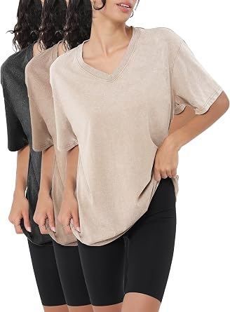 DITOK 3 Pack Womens Washed Vintage V Neck T Shirts Oversized Baggy Acid Wash Tee Loose Short Sleeve Casual Cotton Tops