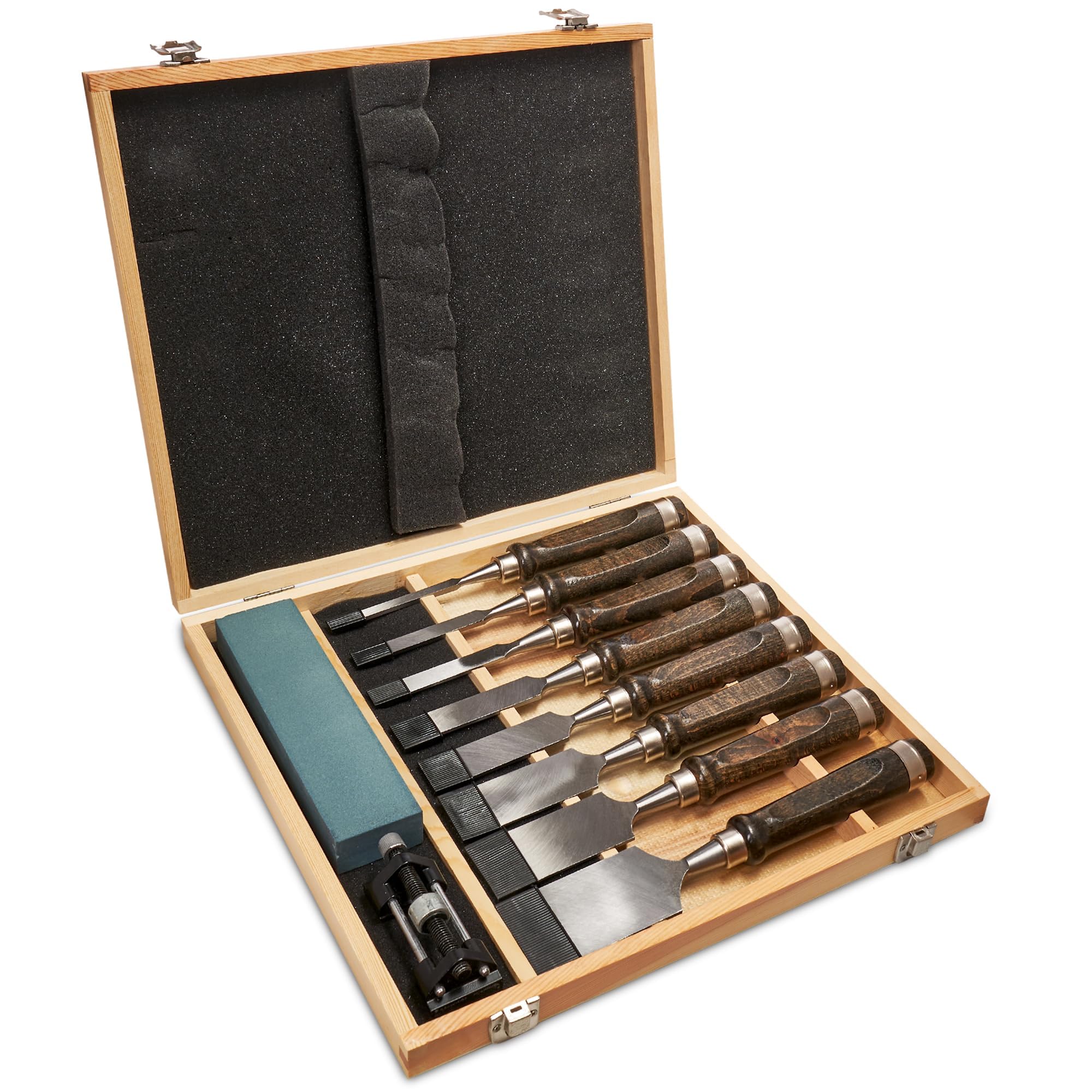 8 Stück Stechbeitel Set Für Holz, Stemmeisen Schleifstein Set, Holzbearbeitungswerkzeuge Holzschnitzerei Hand Meißels Werkzeug Holzbearbeitung Schwarznuss mit Schärfgerät Holzmeißel Chisels Set