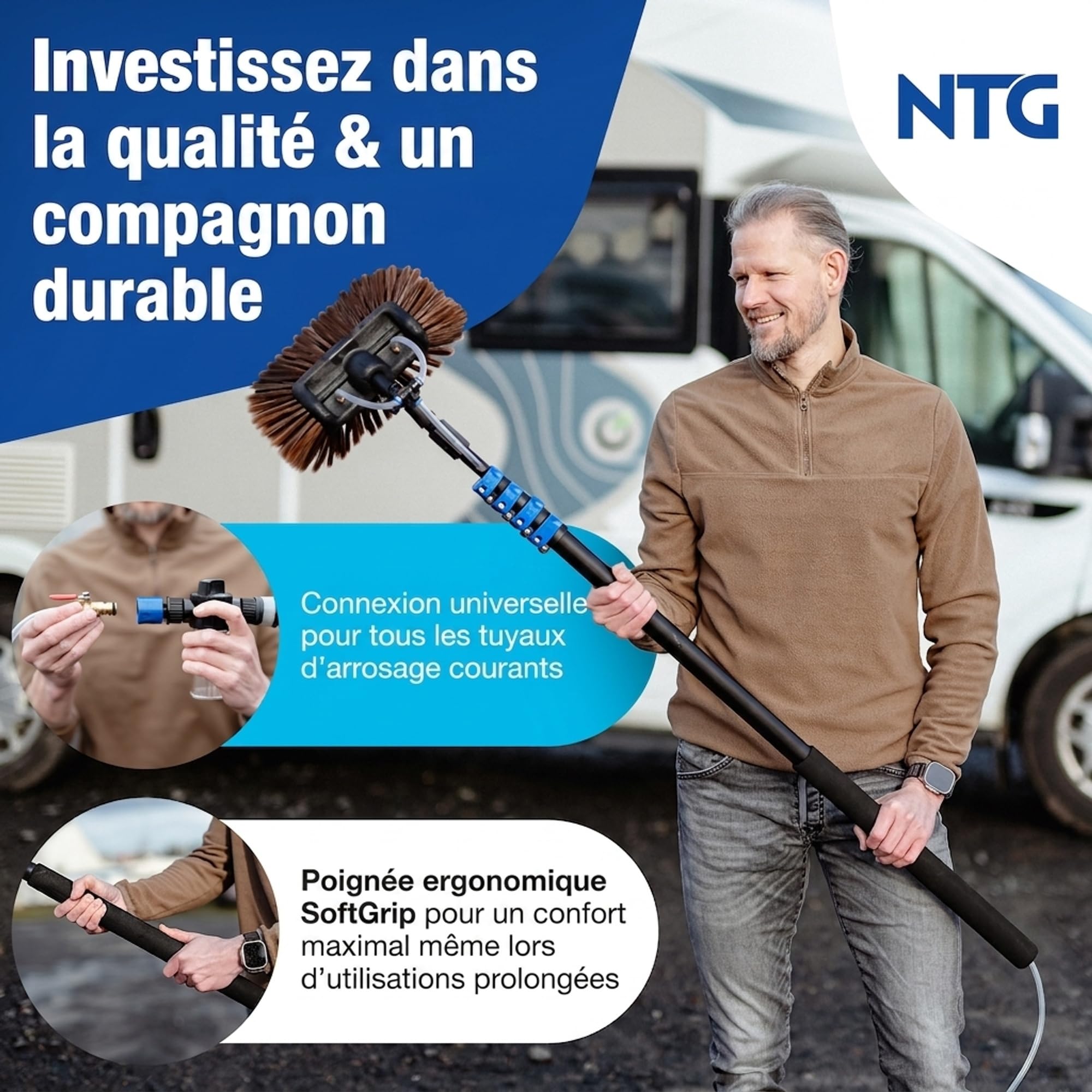 NTG Balai-brosse télescopique 4,6m 3-en-1 avec tête de brosse extra douce | Chiffon en microfibre & décapeur + raccord d'eau | Ensemble de nettoyage pour véranda et installation PV, Balai-brosse avec