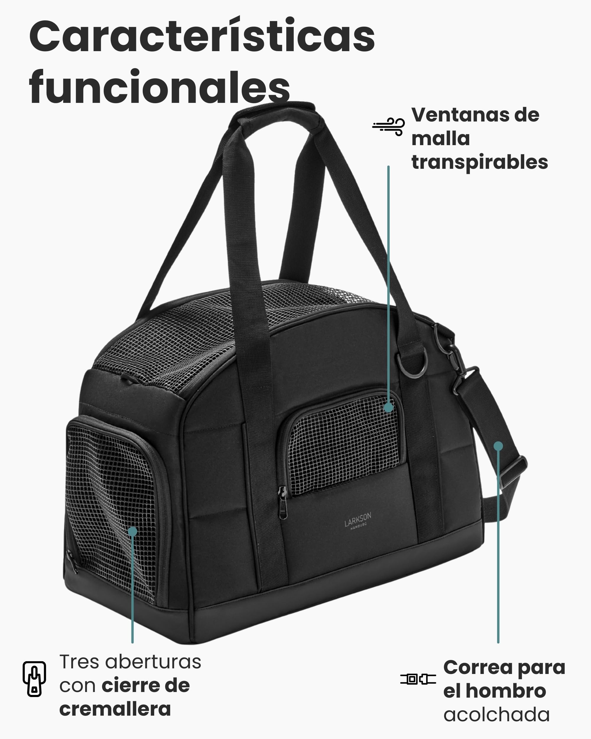 Larkson Transportín para Perros Pequeños de hasta 12 kg Negro - Tjark - Bolsa de Transporte para Perros y Gatos en Avión - Cumple con los Estándares de la Mayoría de Las Aerolíneas