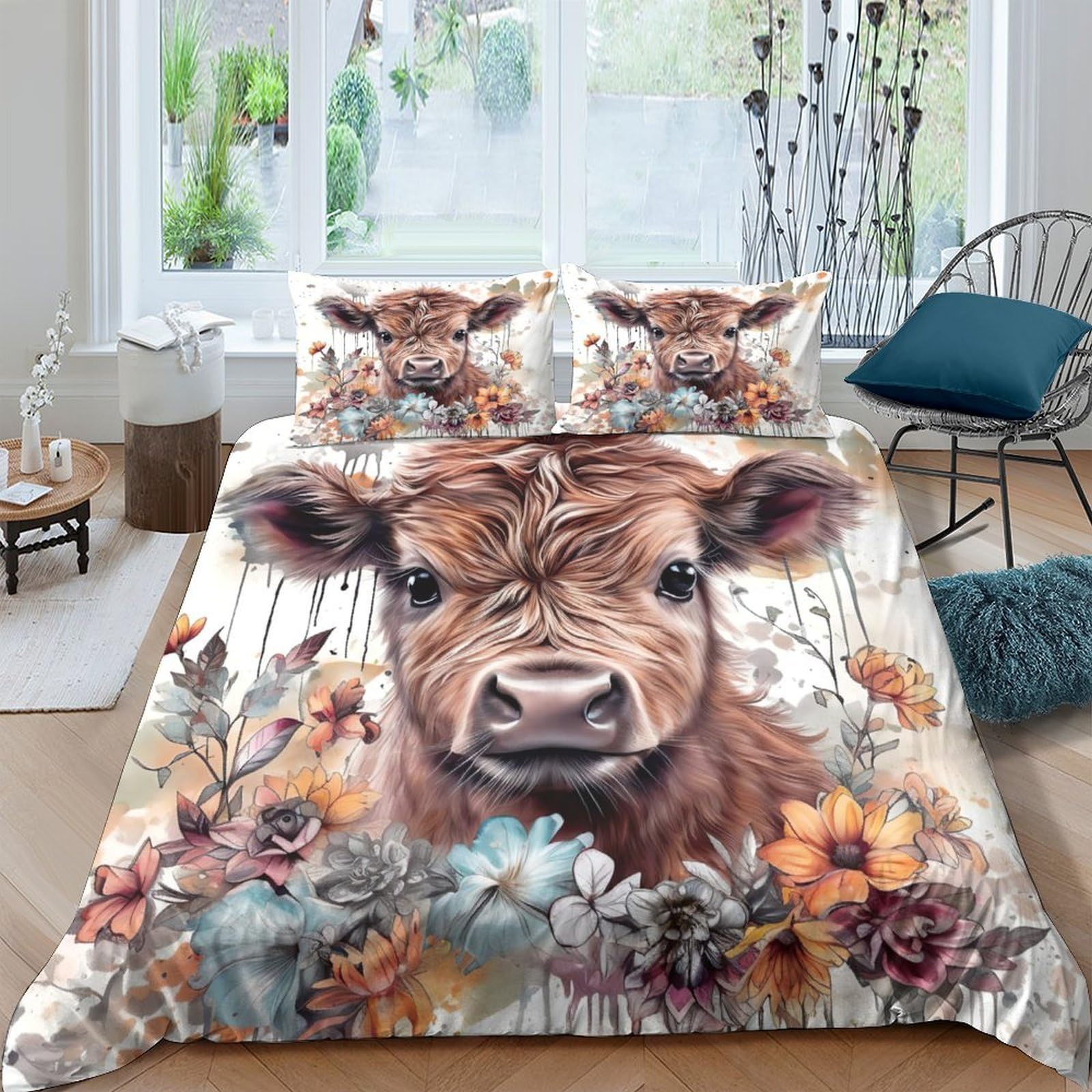 Ctjqhvkz Style-2 3D Printed Highland Cow Fitted Sheet Microfiber Soft Floral Meadow Mattress Cover Bedroom Dorm Protector Decor Single（135X200cm）