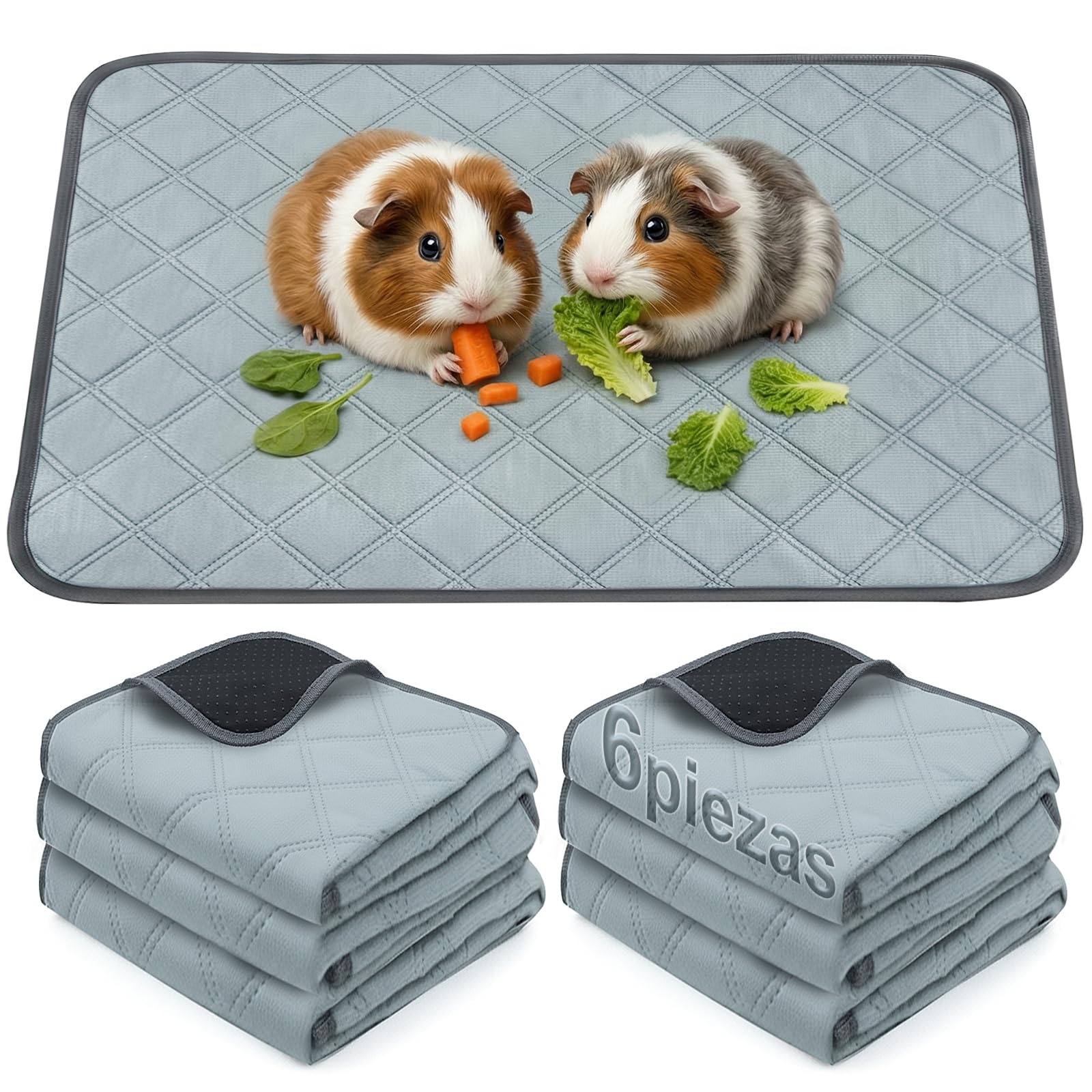 6 Almohadillas Antiorina Reutilizables para Cobayas (60x45cm) | - Super Absorbente & Anti-Deslizante, Accesorio Ideal para Jaula, Casa y Recinto Interior de Cobayas