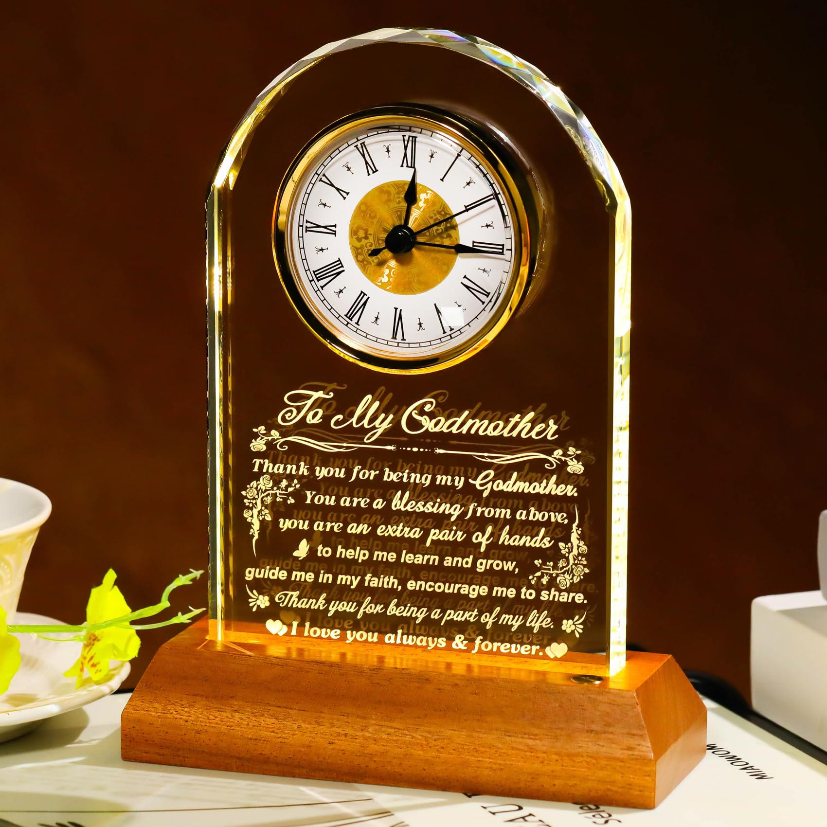 Reloj de cristal con luz LED para madrina un vínculo eterno de la ahijada