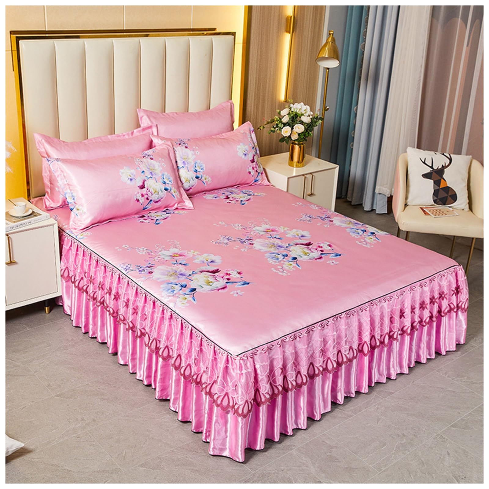 Ropa de cama de 3 piezas de alta calidad con falda de cama de encaje King en seda de hielo