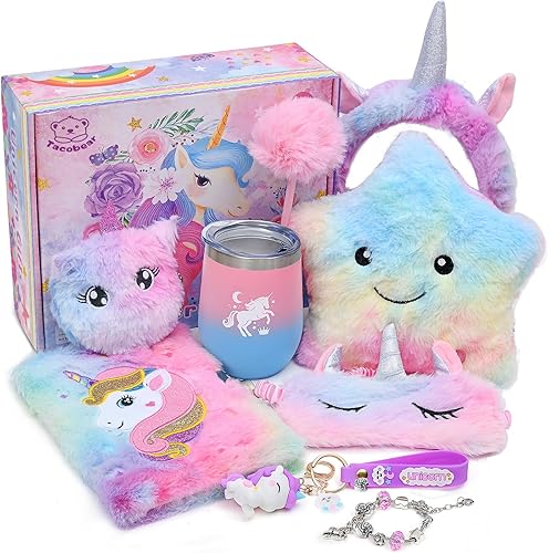 Tacobear Regalos de unicornios para niñas y niños de 6, 7, 8, 9, 10 años de edad con luz de estrella, almohada de papelería, diario de felpa con