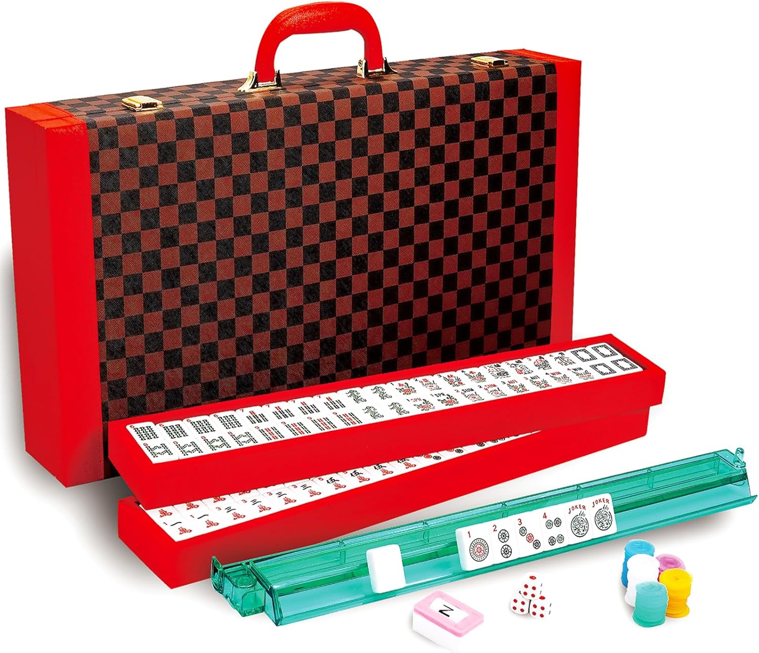 Mahjong Set, American Mahjong Set with 4 Racks and Pushers, 166 White Engraved Mah Jong Tiles Game Set, with Betting Coins, Dice, Manual, Mah Jong Set Gifts (Chessboard Design Case)