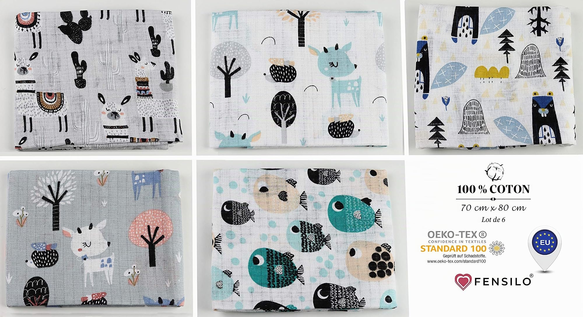 FENSILO,Chiffons en Gaze,Lot de 10 Couches 70x80 cm,Couches en Tissu, fabriquées en UE, certifiées sans substances nocives,Gris,Blanc