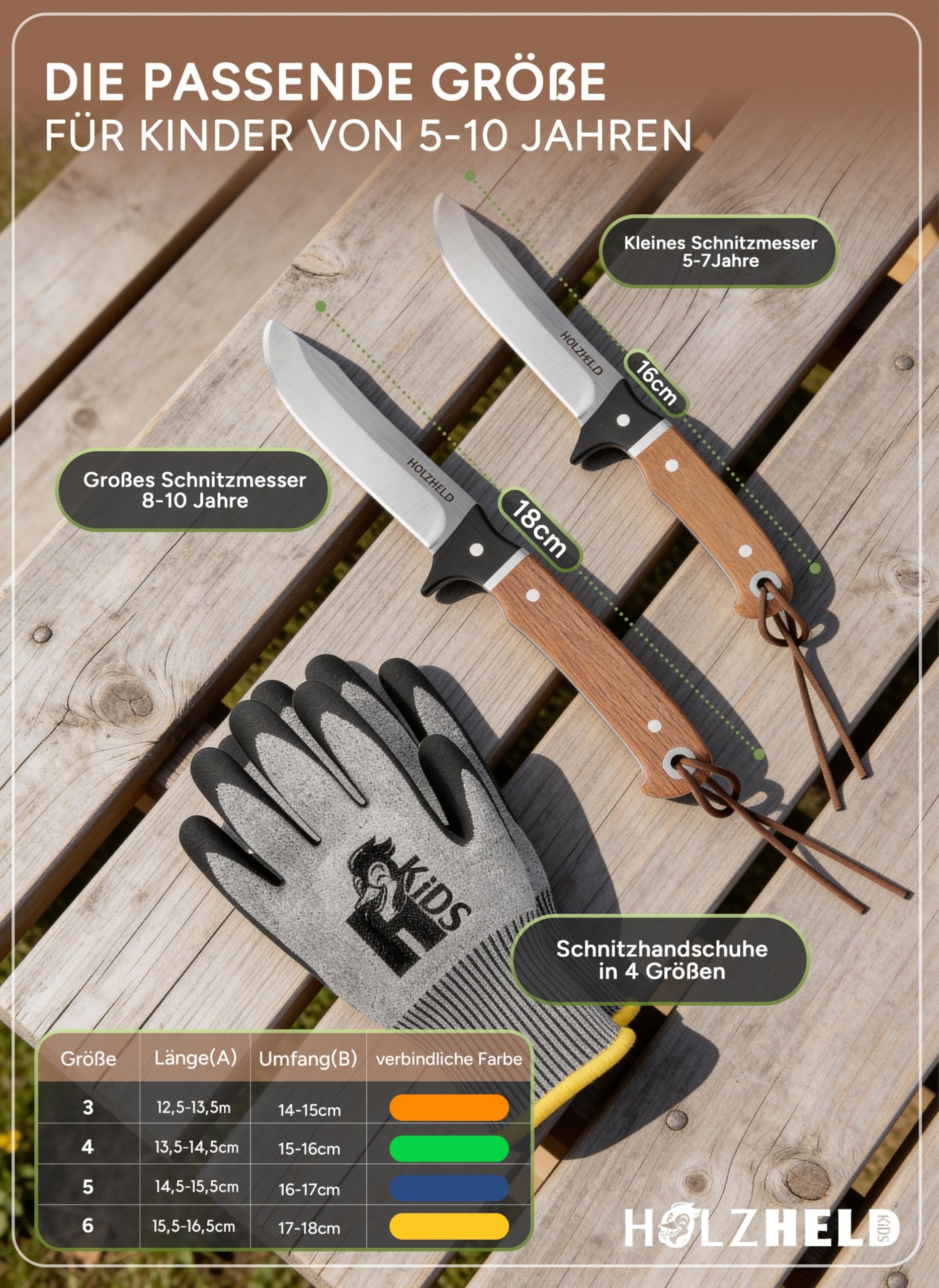 HOLZHELD - Schnitzmesser Kinder mit Gürteltasche inkl. schnittfeste Handschuhe - sicheres Taschenmesser - Schnitzset - Schnitzen Kinder - Kindermesser ab 5, 6, 7, 8, 9, 10 Jahre - Größe 6