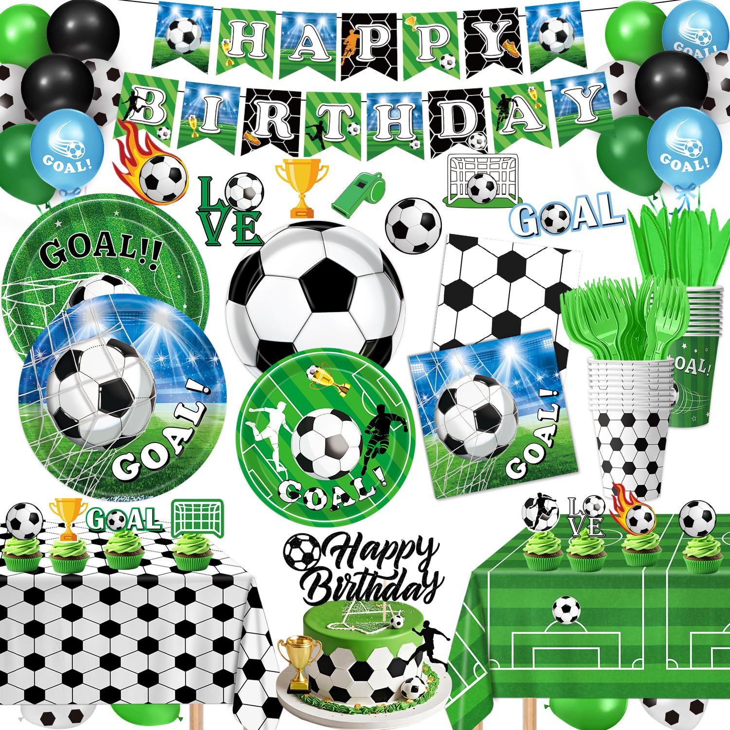 Soccer Birthday Party Decorations Include Plates, Napkins, Cups, Cutlery, Banner, Balloons, Tablecloth, Cake & Cupcake Toppers for Sports Soccer Theme