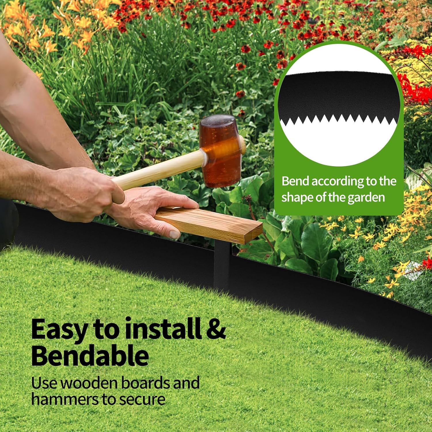 Landscape Edging 6-Pack, 40" L x 8" H Strips, Hammer-in Steel Garden Bed Metal Borders with 6 Clips, Bendable Metal Landscape Edging for Garden, Yard, Park, Lawn(Black, 40 Tooth)