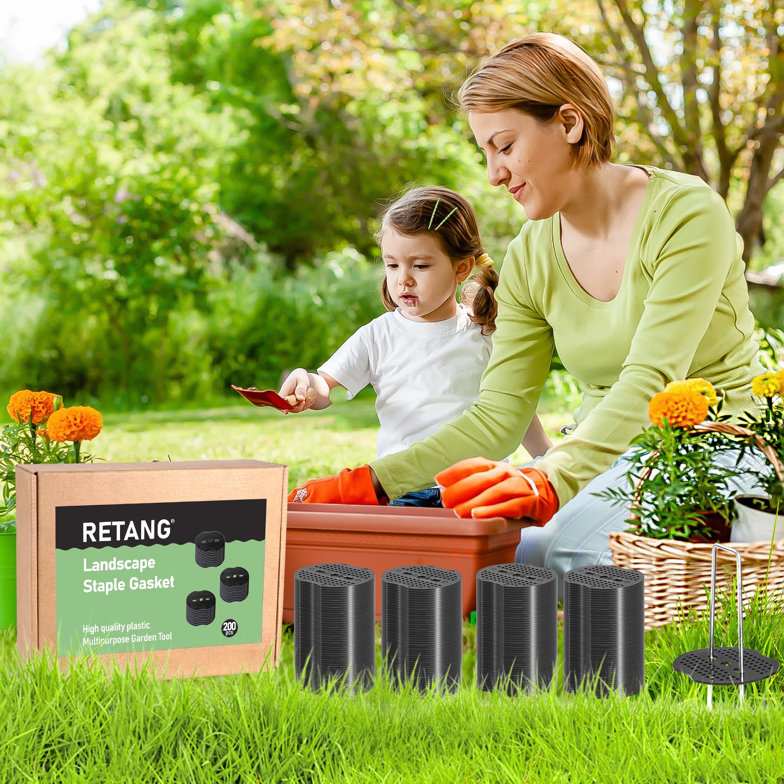 200 juntas de grapas de paisaje, juntas de estaca de jardín, juntas de estaca de tierra resistentes para césped artificial, protección de tela de maleza, junta de goma negra con perforaciones, 3