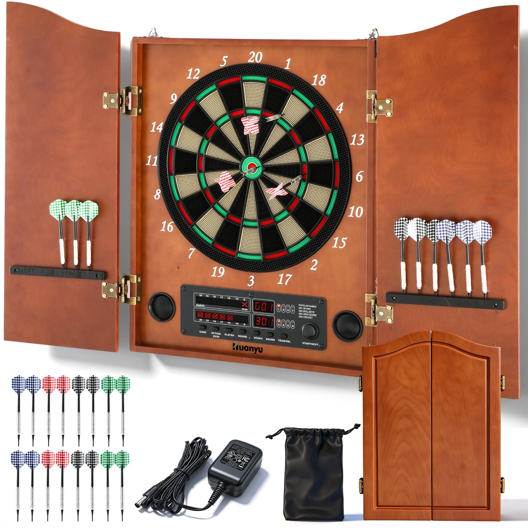 Huanyu Diana electrónica Juego de Diana LED con Armario para Adultos con 12 Dardos de Punta Blanda para hasta 8 Jugadores, 25 Juegos, Ideal para Salas de Juegos Familiares y Bares