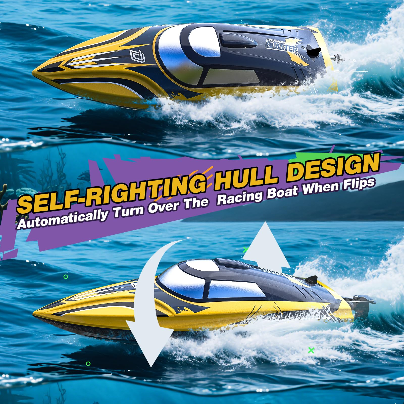 DEERC 14" Bateau télécommandé Rapide de avec lumières LED, 30+ Mins, 20+MPH, Bateau Rapide télécommandé à redressement Automatique pour Piscine et lac, Jouet Aquatique d'été pour Adultes et Enfants