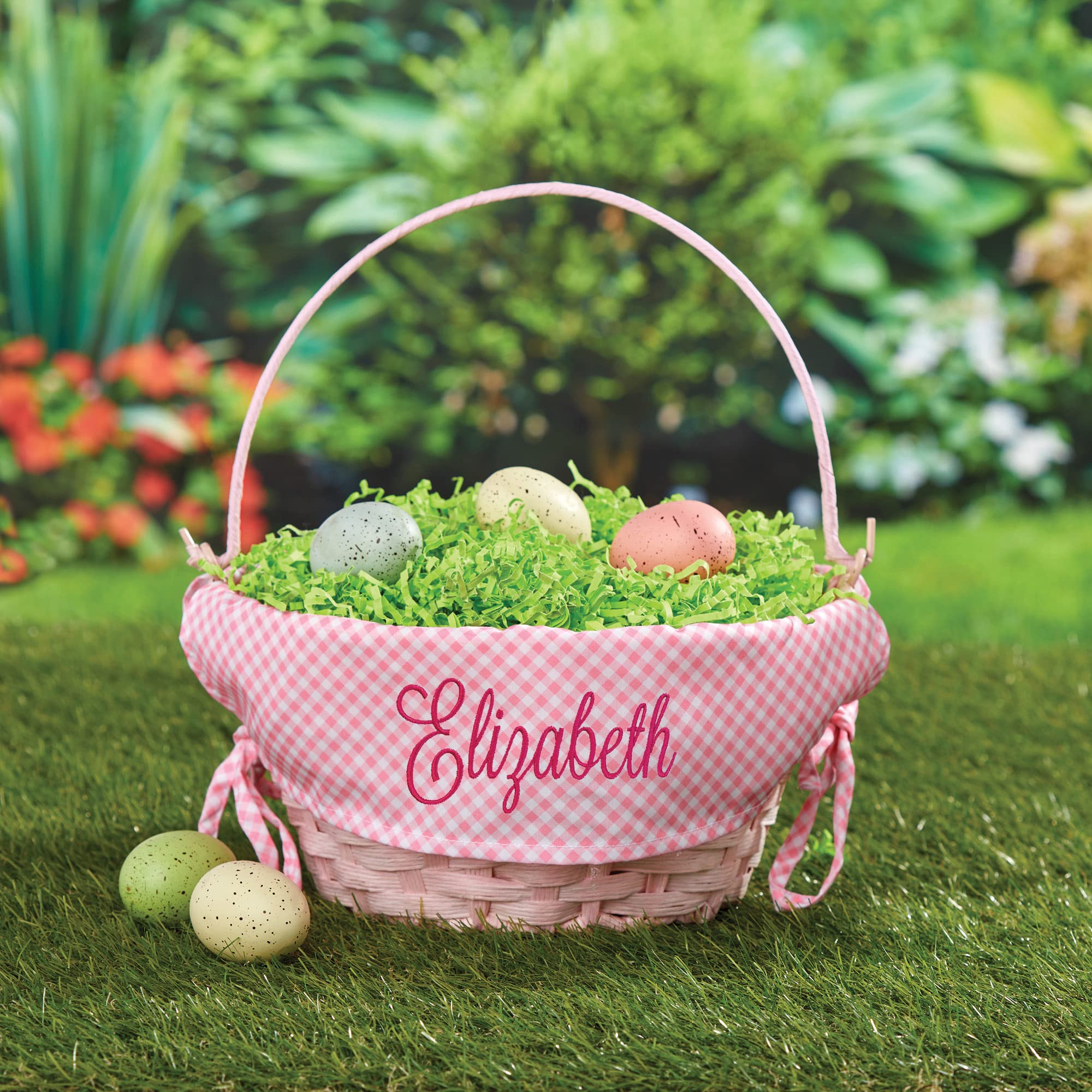 Personalized Easter Egg Basket with Handle and Custom Name in Pink Script | Pink Gingham Easter Basket Liners | Pink Basket | Woven Easter Baskets for Kids and Adults | Customized Easter Basket