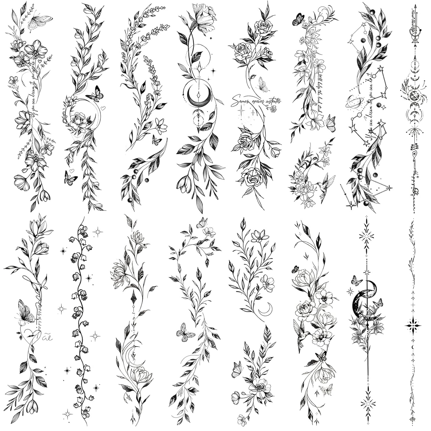 Flower Temporary Tattoos for Women Girls -24 Sheets Black Flower Leaf Wild Plants Sketch Realistic Tattoo Stickers Waterproof Tattoo Sets for Arm Collarbone Leg Backbone Body Art