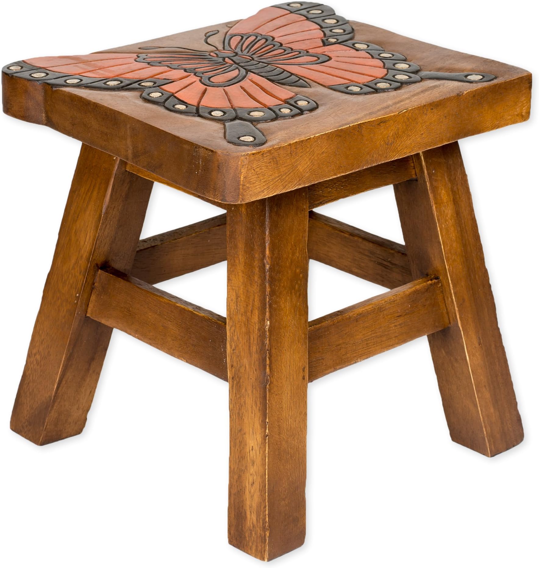 Sea Island Imports Monarch Butterfly Hand Carved Acacia Hardwood Decorative Short Stool